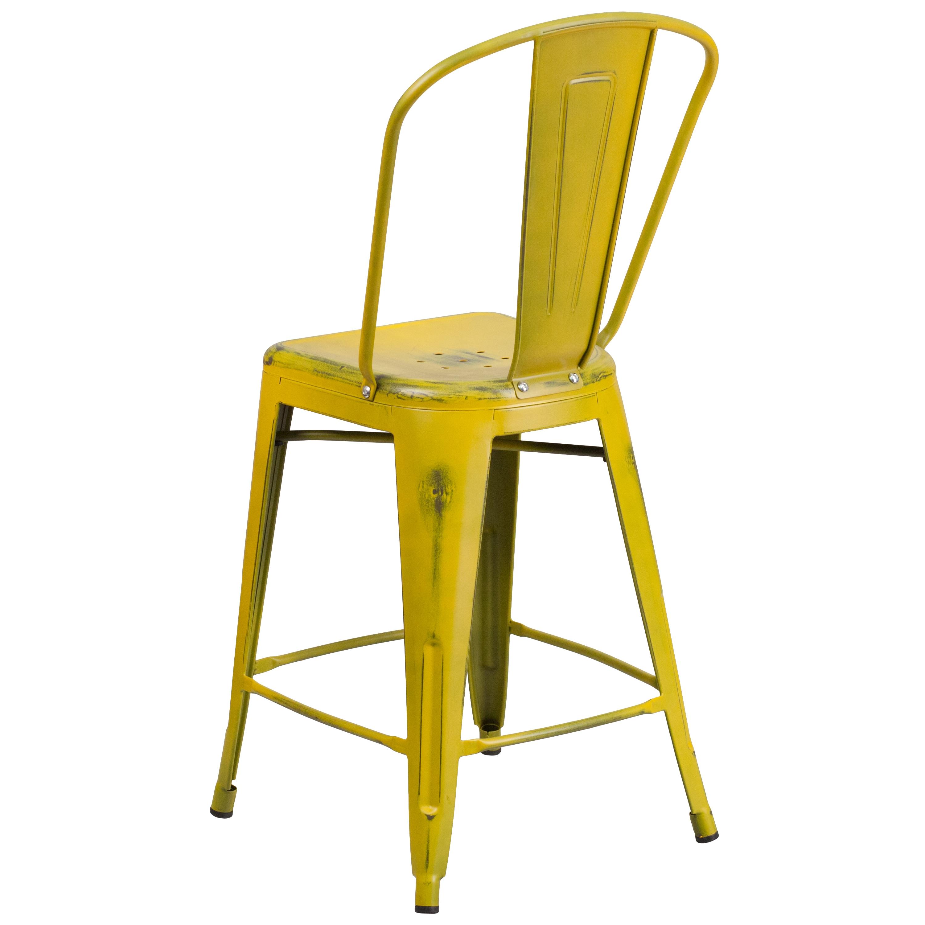 Flash Furniture Commercial Grade 24" High Distressed Yellow Metal Indoor-Outdoor Counter Height Stool with Back