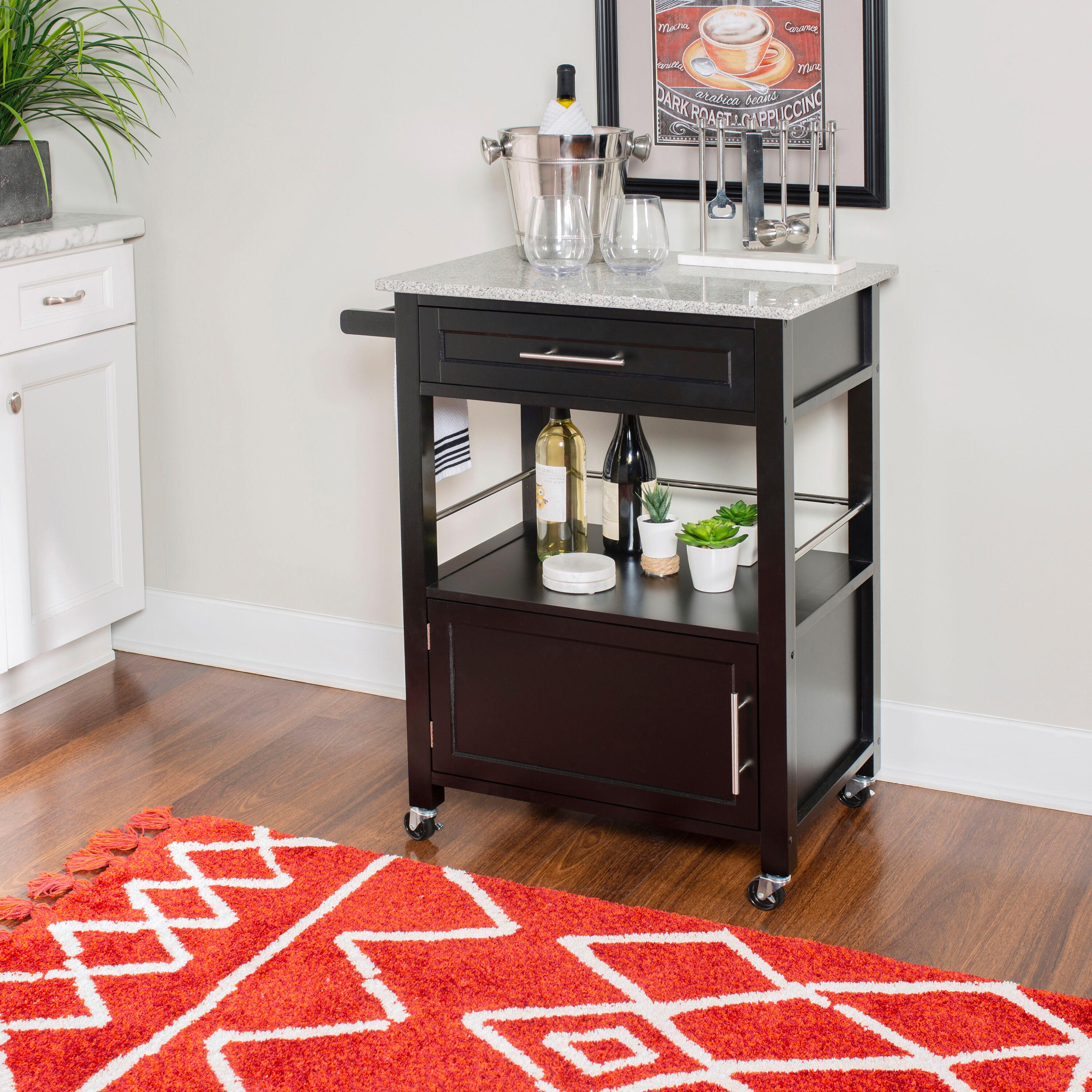 Mitchell Black Wood Granite Top Kitchen Cart: Storage, Towel Bar, Locking Casters - Linon