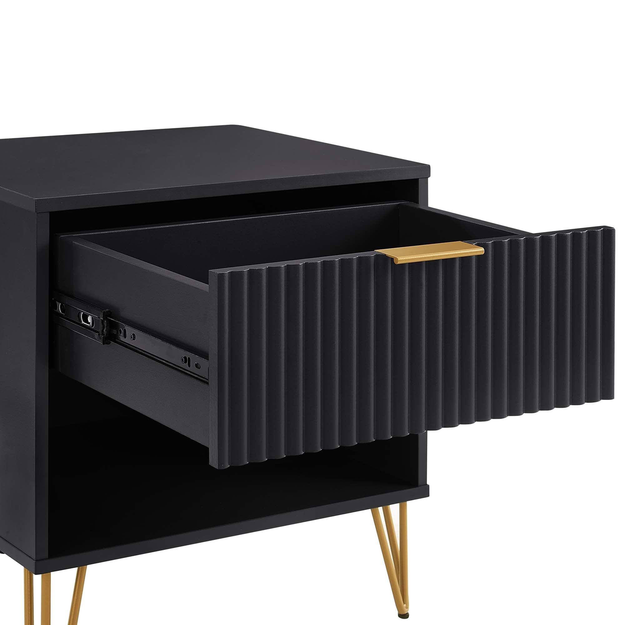 Manhattan Comfort Dumbo Nightstand with Drawer Black: Modern Design, Splayed Metal Legs, Soft Close Storage