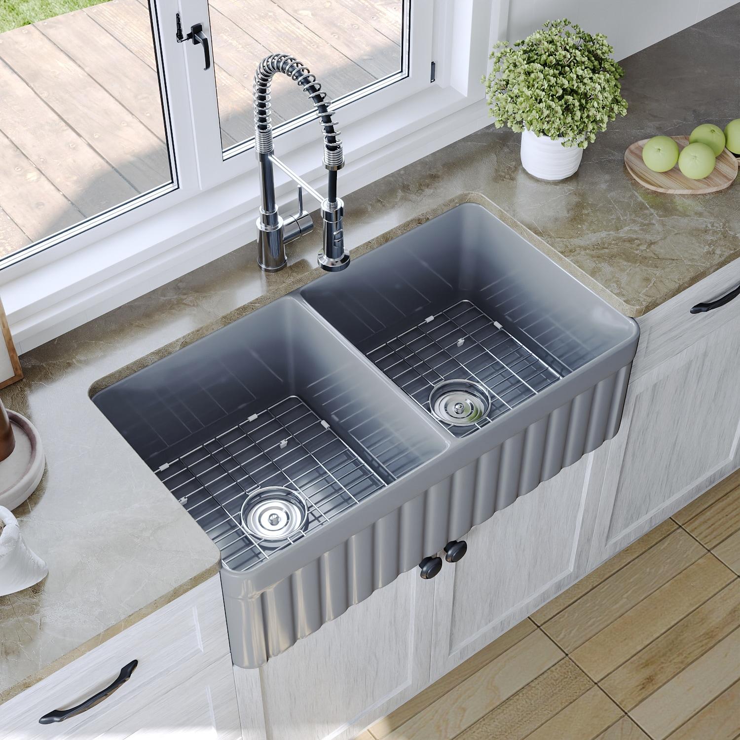 Nova 33" L x 18" W Double Bowl Fireclay Farmhouse Kitchen Sink with Sink Grid and Basket Strainer