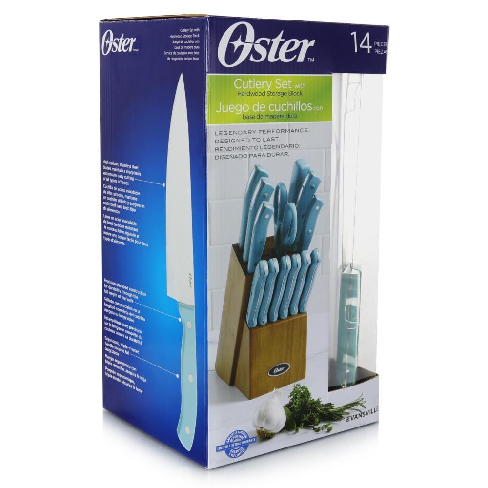 Oster Evansville 14 Piece Stainless Steel Blade Cutlery Set with Turquoise Plastic Handles