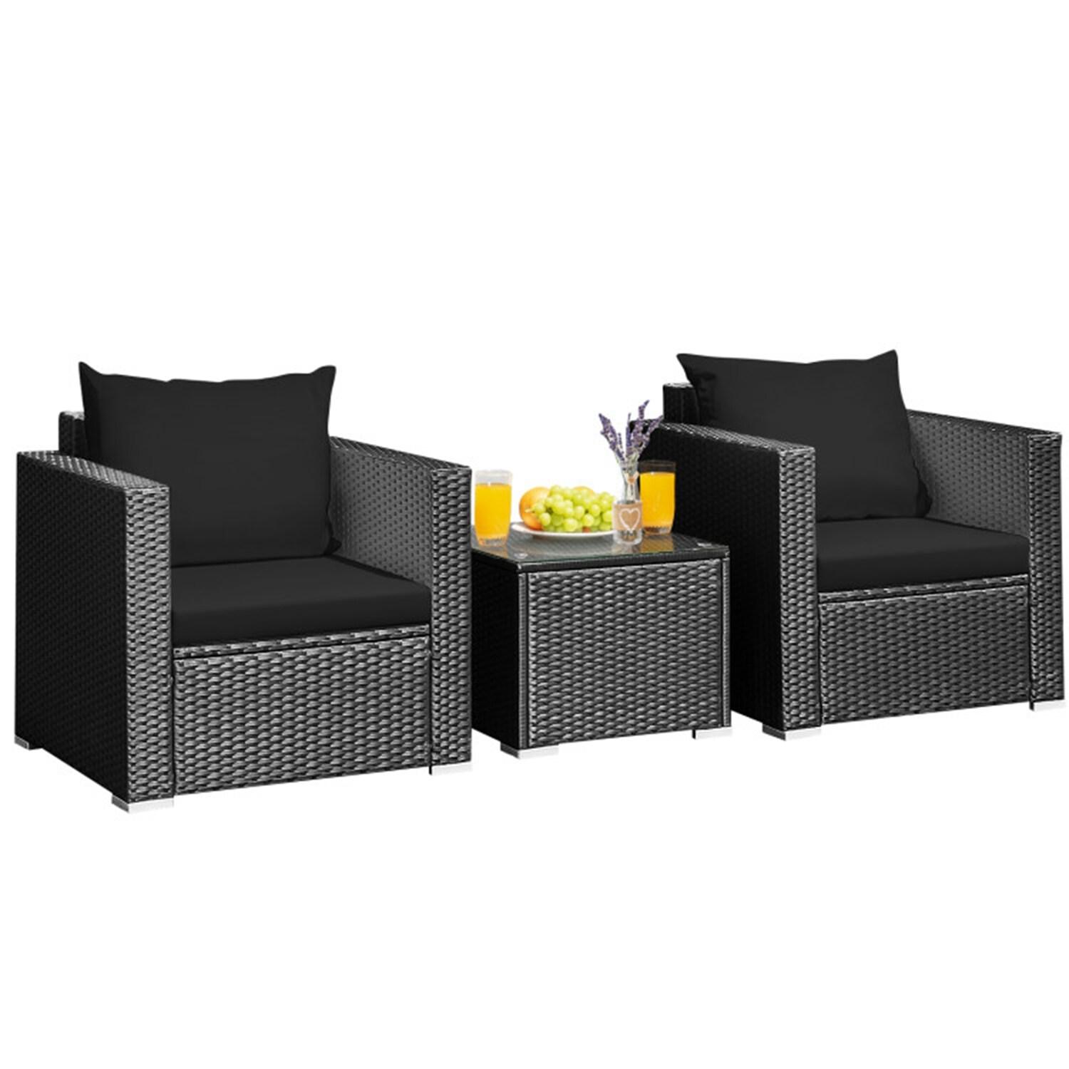 Resenkos 3 Pieces Patio Wicker Conversation Set, Outdoor Furniture Garden Conversation Bistro Sets with Coffee Table and Cushions-Black
