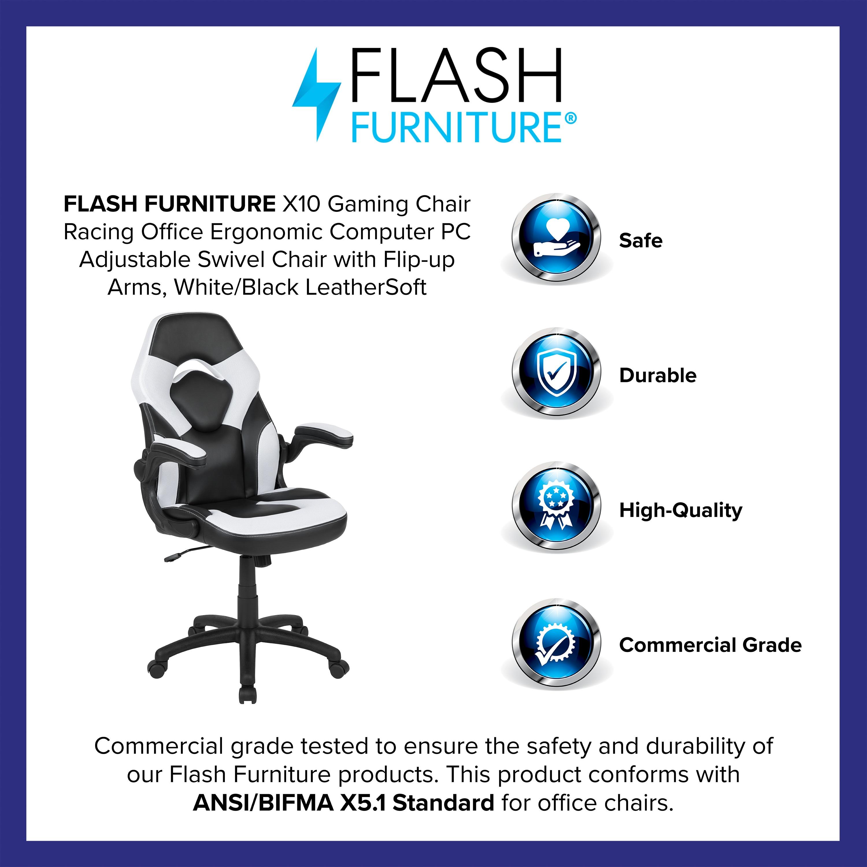 Flash Furniture X10 Gaming Chair, Racing Ergonomic Office Chair, Height Adjustable Swivel Computer Chair with Flip-Up Arms, White/Black LeatherSoft