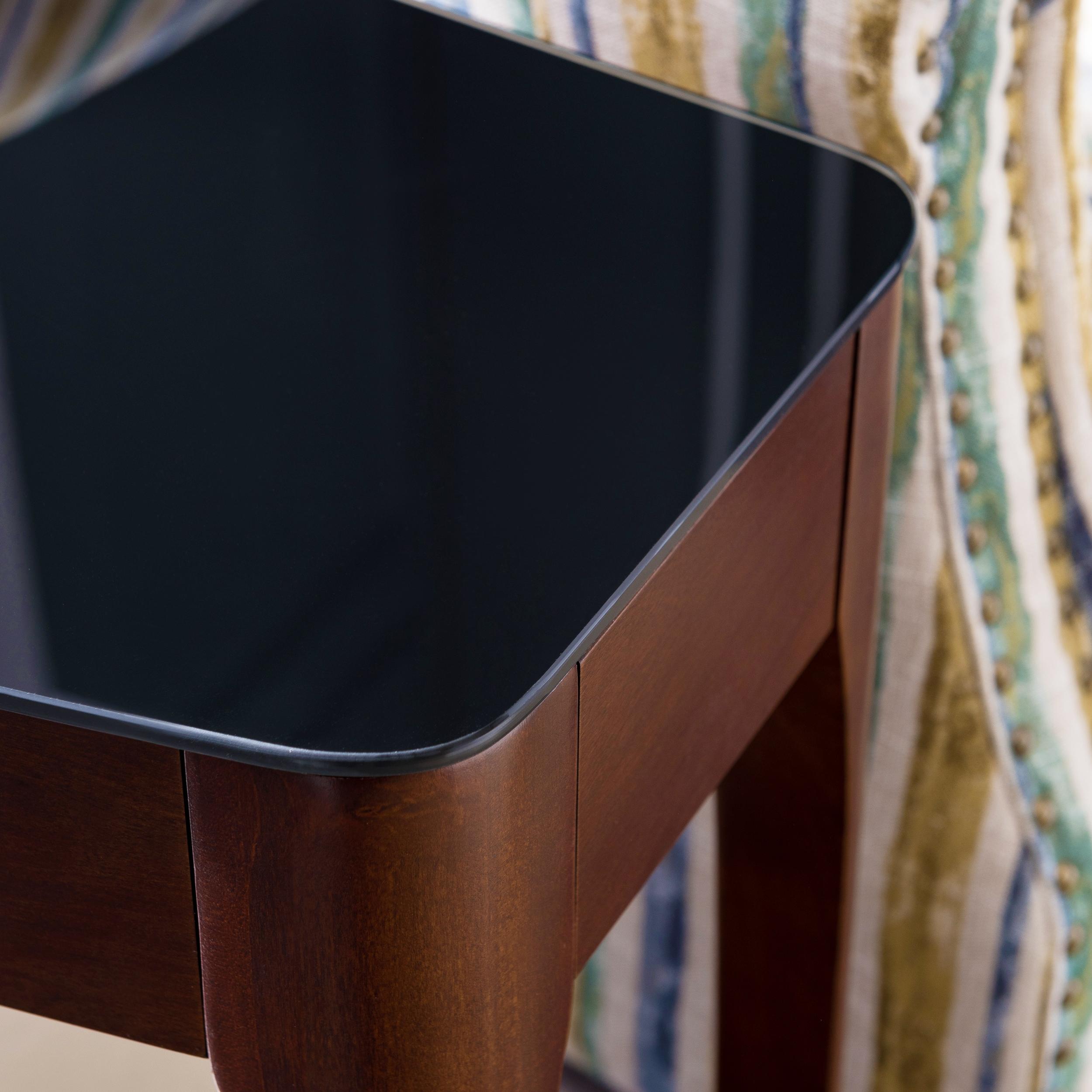 Leick Home 11105 Obsidian Glass Top Narrow Side Table with Shelf, Chestnut and Black Glass