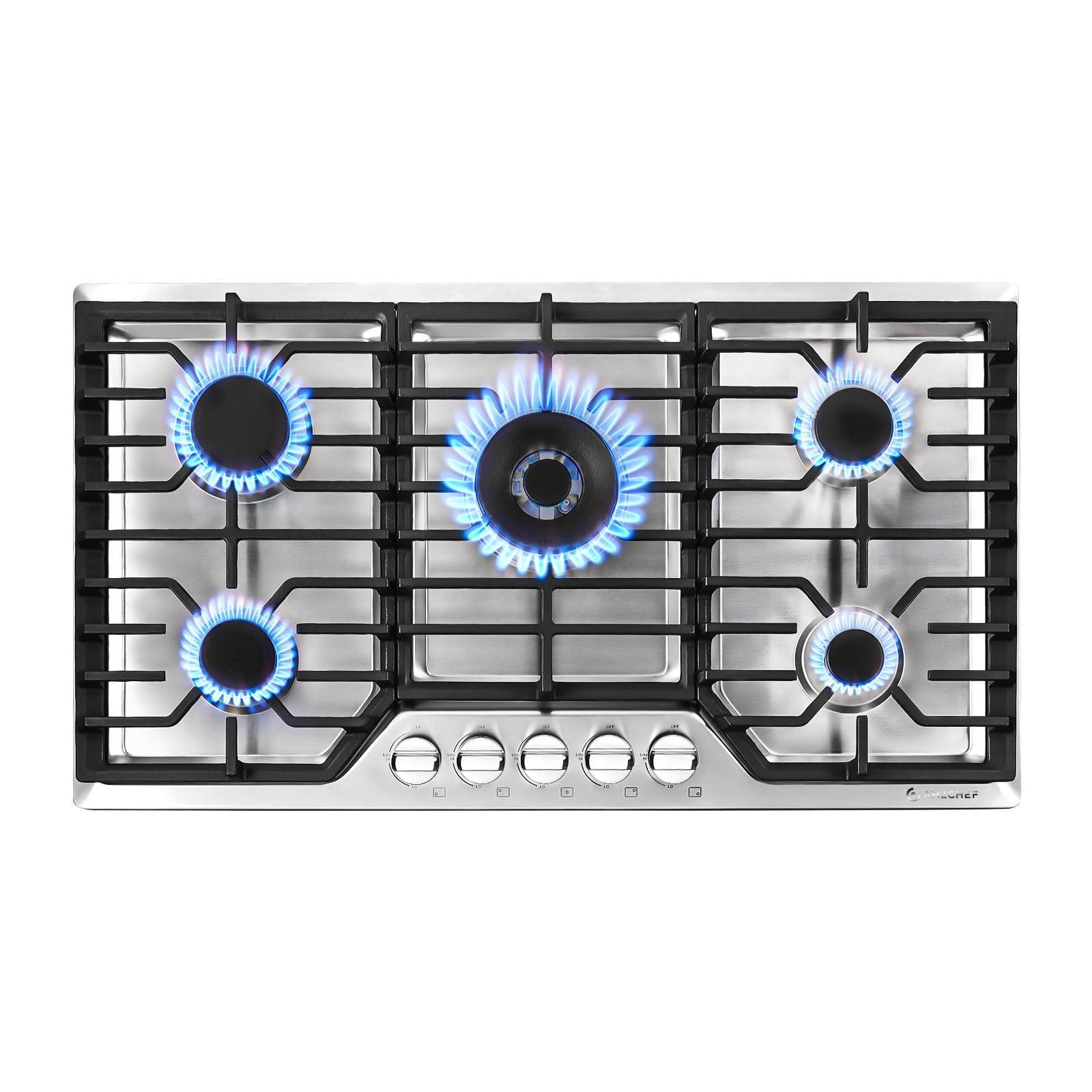 Gas Cooktop, 36 inch Bulit-in Gas Stove Top with 5 Burner,Five Burner Propane Cooktop with Thermocouple Protection, Stainless Steel