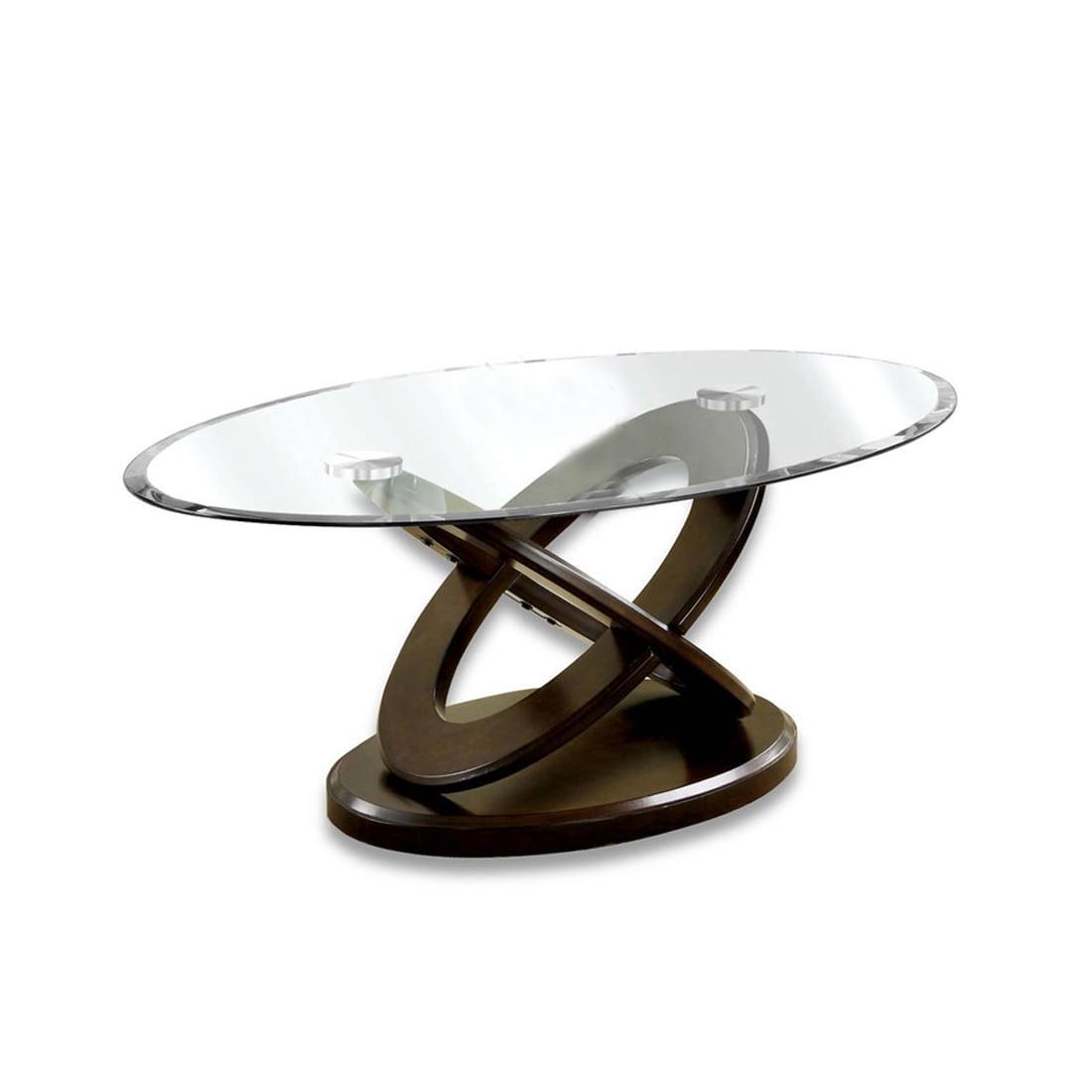 Benjara Oval Glass Top Coffee Table with Cross Oval Base, Brown and Clear