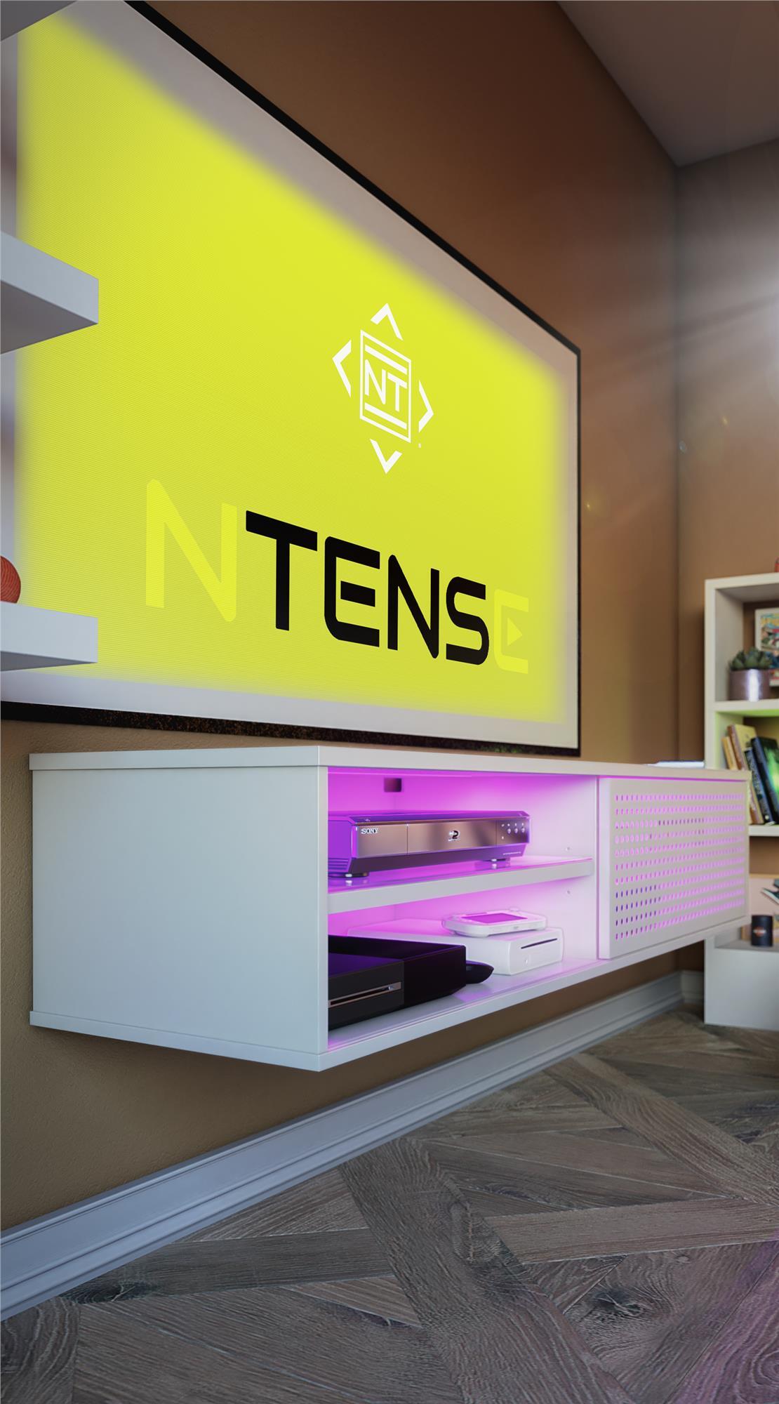 Glitch Floating TV Stand for TVs up to 60" White - NTENSE: Modern Media Console, MDF, 95 lbs Capacity