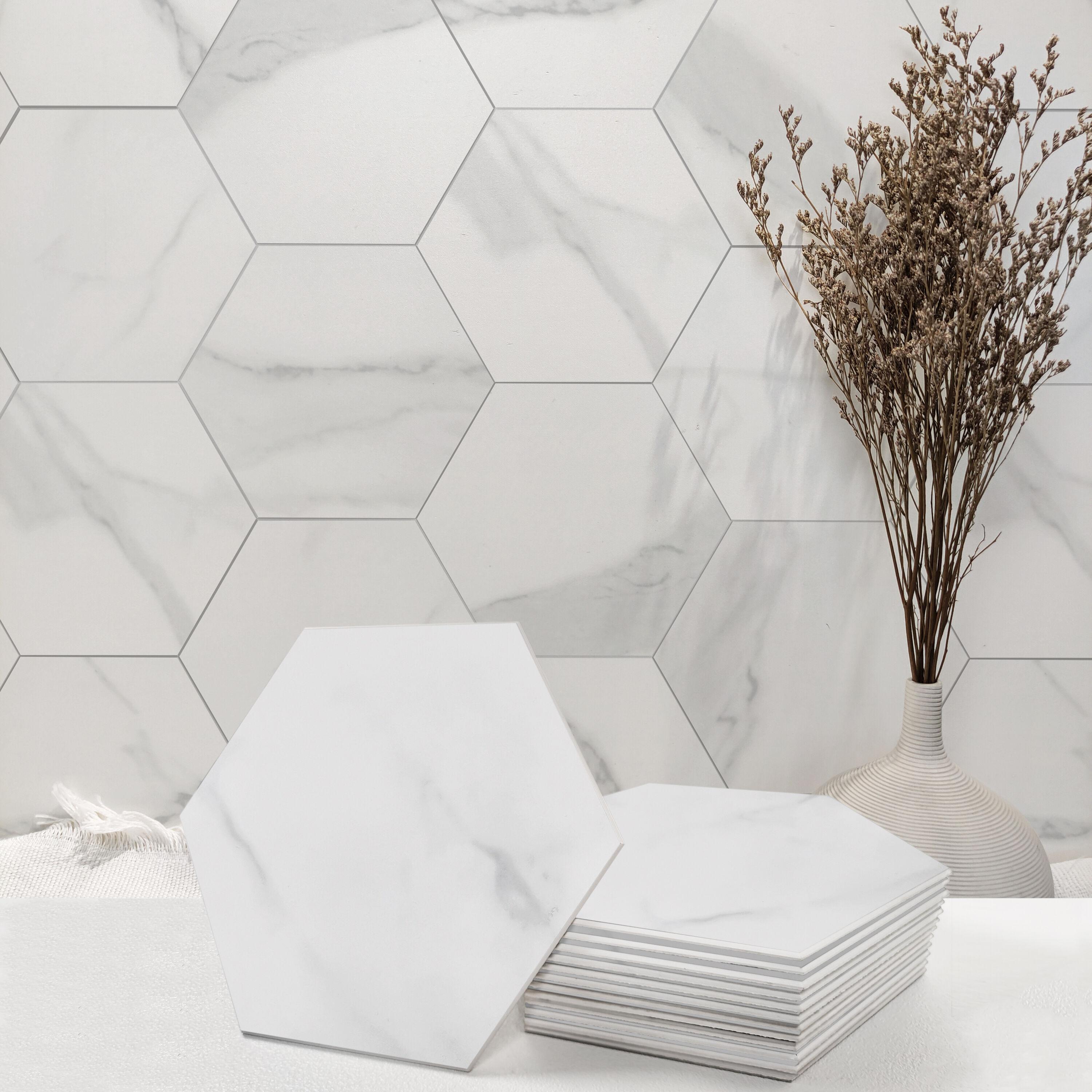 Hexagon White Stone Composite Peel and Stick Backsplash Tiles