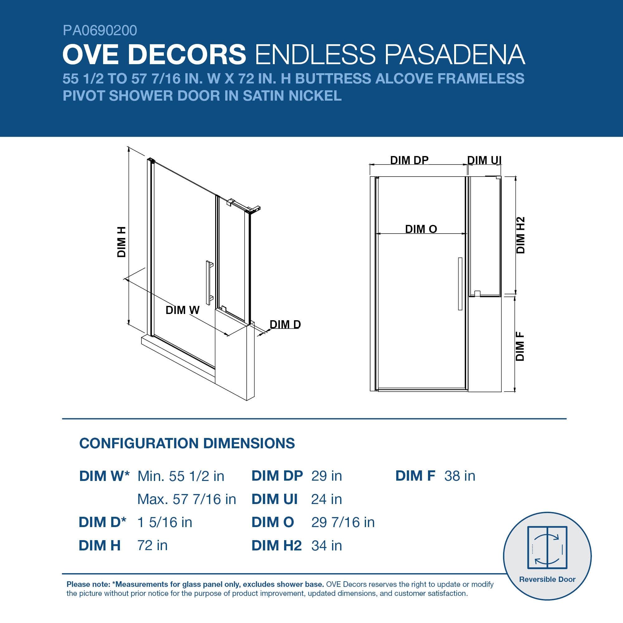 Endless Pasadena 57" W x 72" H Buttress Alcove Shower Kit, Door, Panel