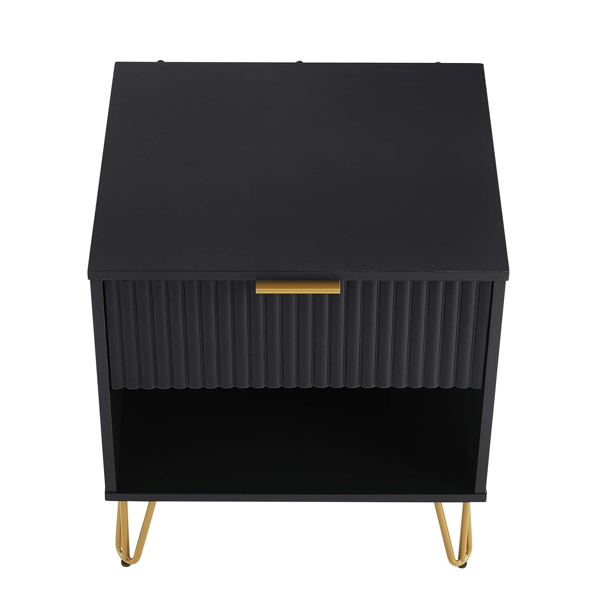 Manhattan Comfort Dumbo Nightstand with Drawer Black: Modern Design, Splayed Metal Legs, Soft Close Storage