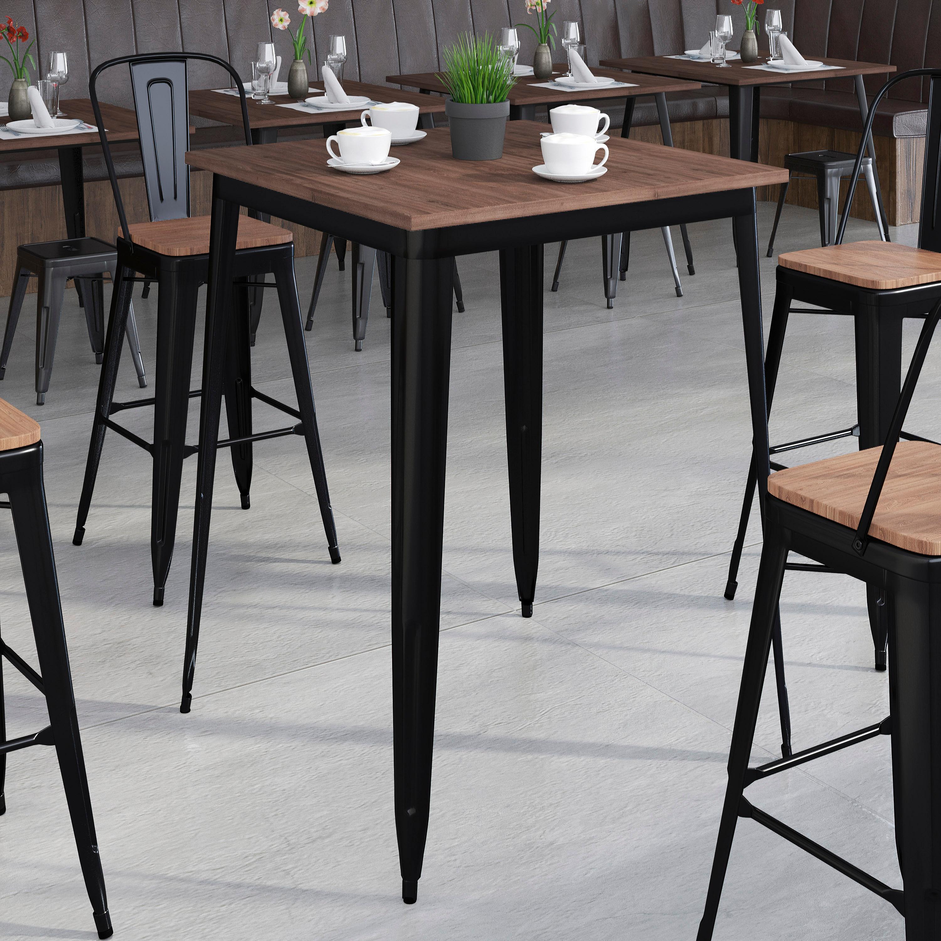 Flash Furniture 31.5" Square Black Metal Indoor Bar Height Table with Walnut Rustic Wood Top