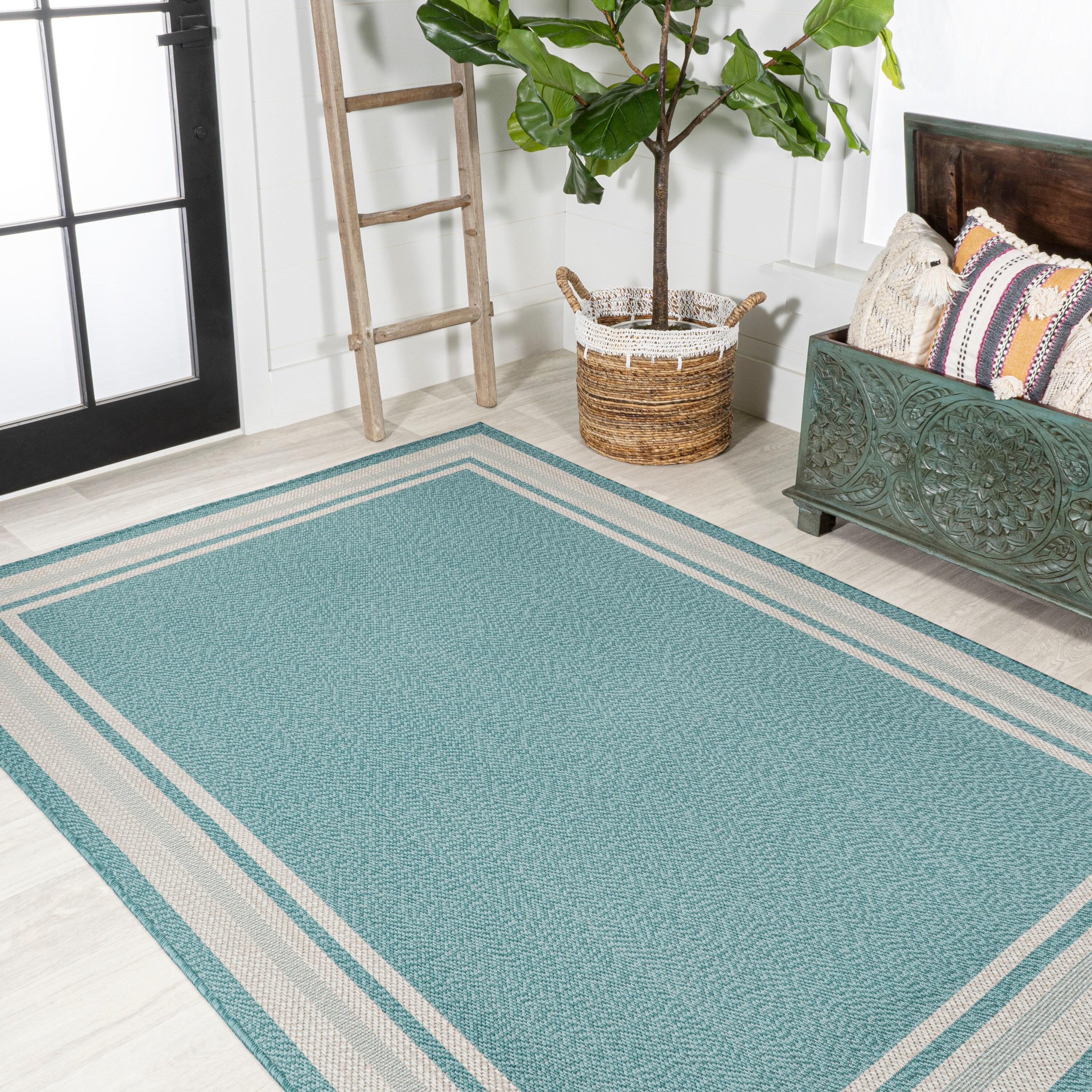 5' x 8' James Modern Border Stripe Indoor/Outdoor Area Rug, Aqua/Beige - JONATHAN Y