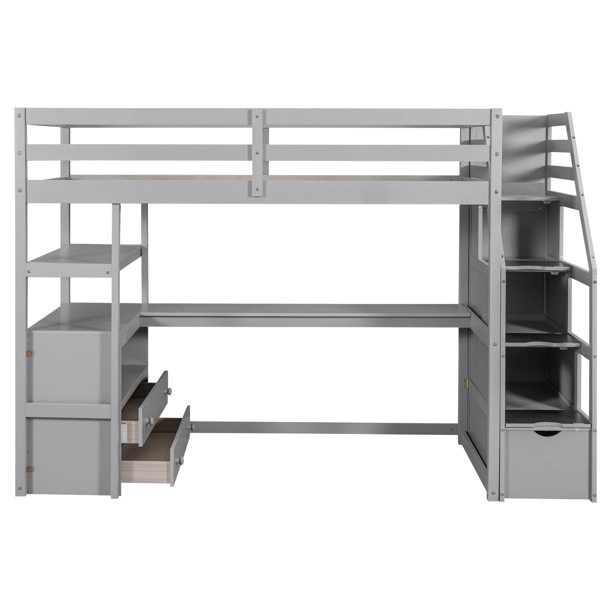 Stairway Twin Size Loft Bed with L Shape Desk, Shelves, Two Tier Drawers and Storage Staircase, Gray