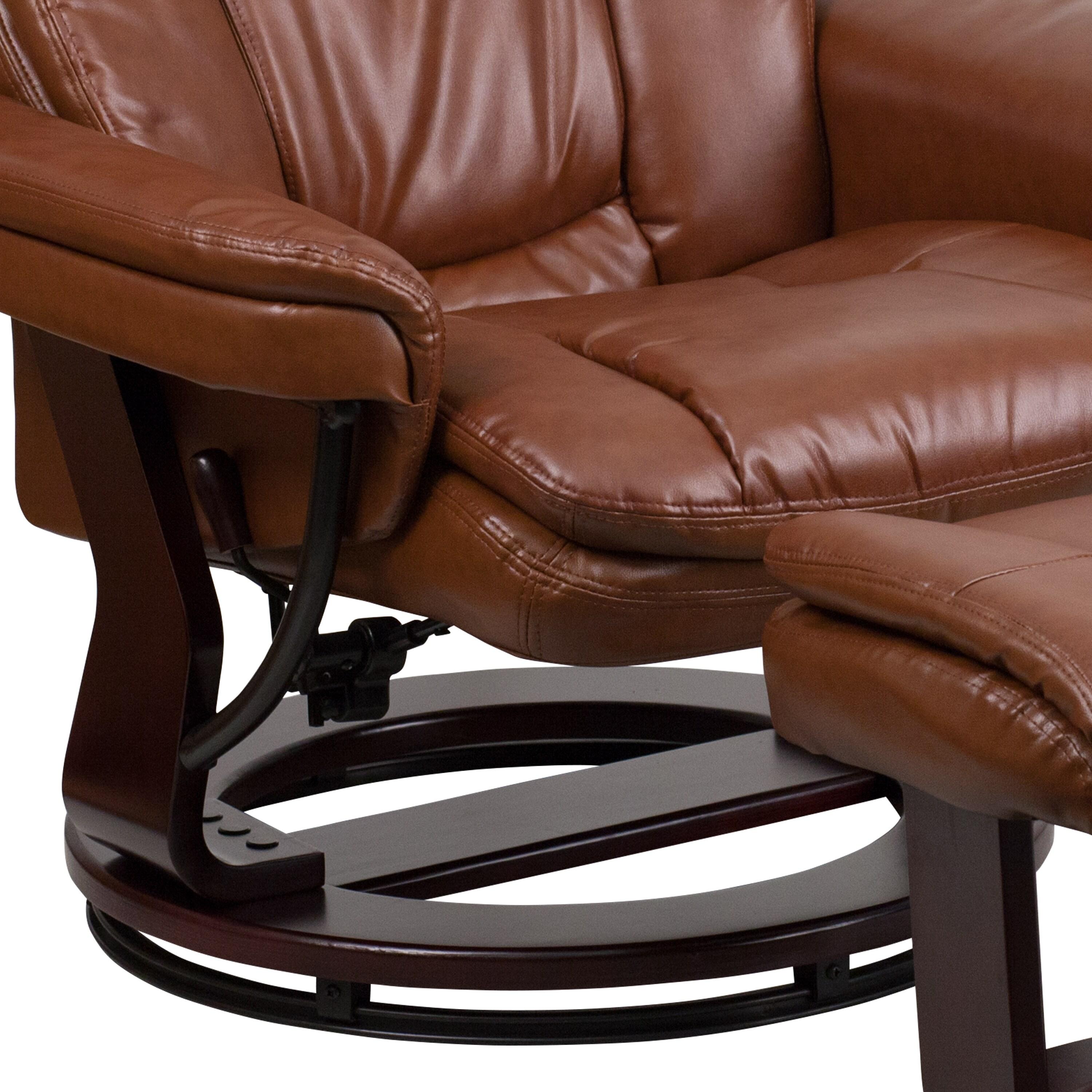 Flash Furniture Contemporary Multi-Position Recliner and Curved Ottoman with Swivel Mahogany Wood Base in Brown Vintage LeatherSoft