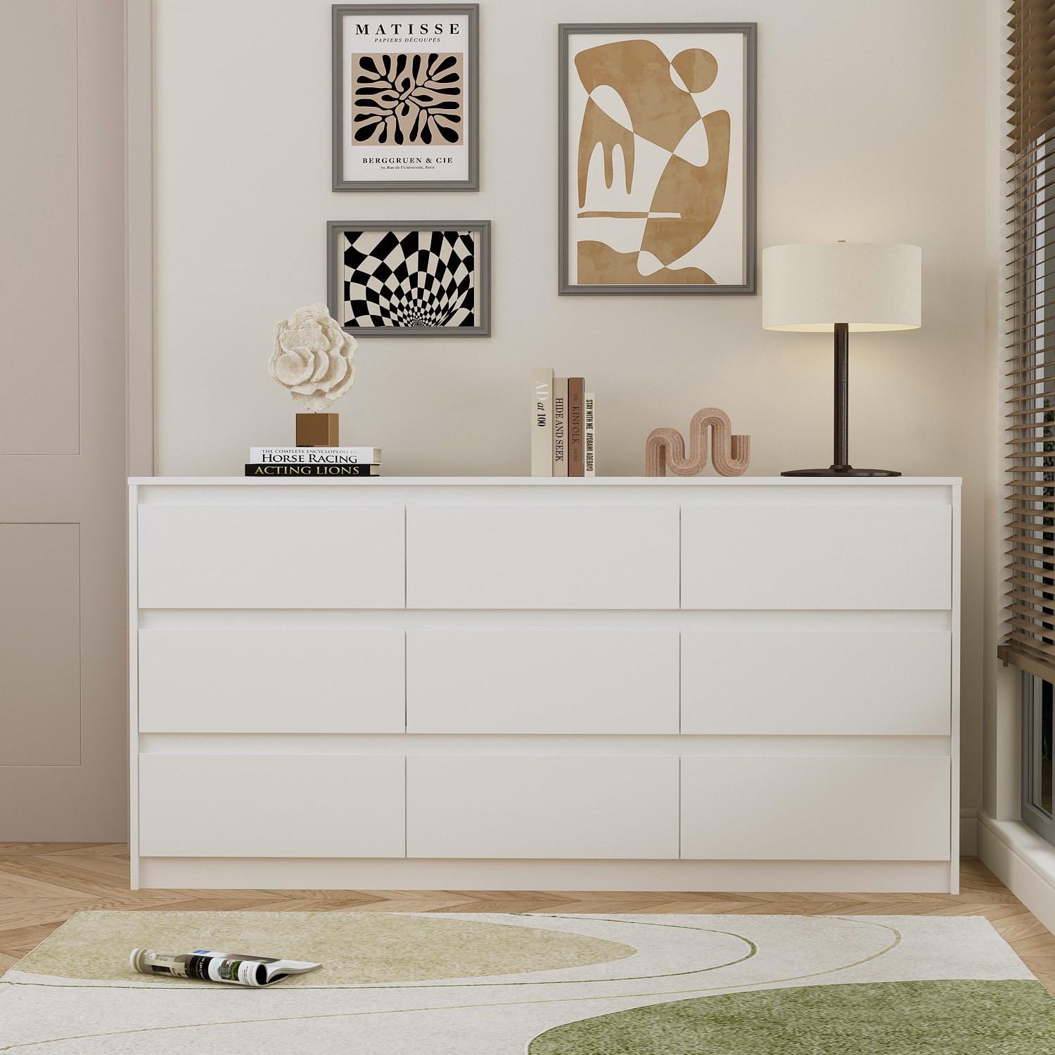 FUFU&GAGA White Modern Dresser for Bedroom 9 Drawers Wood Chest of Drawers