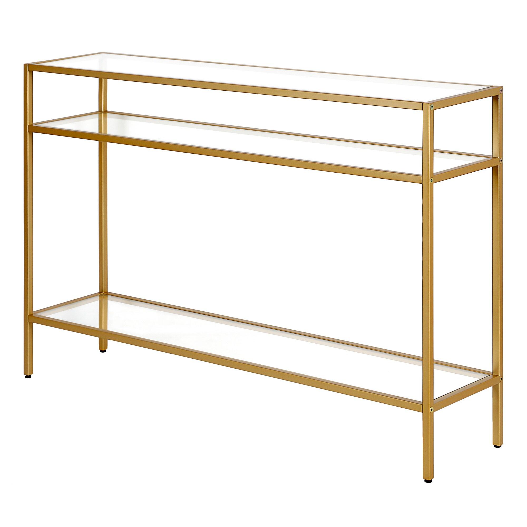 Siviline Brass Finish Steel Frame Console Table with Glass Shelves