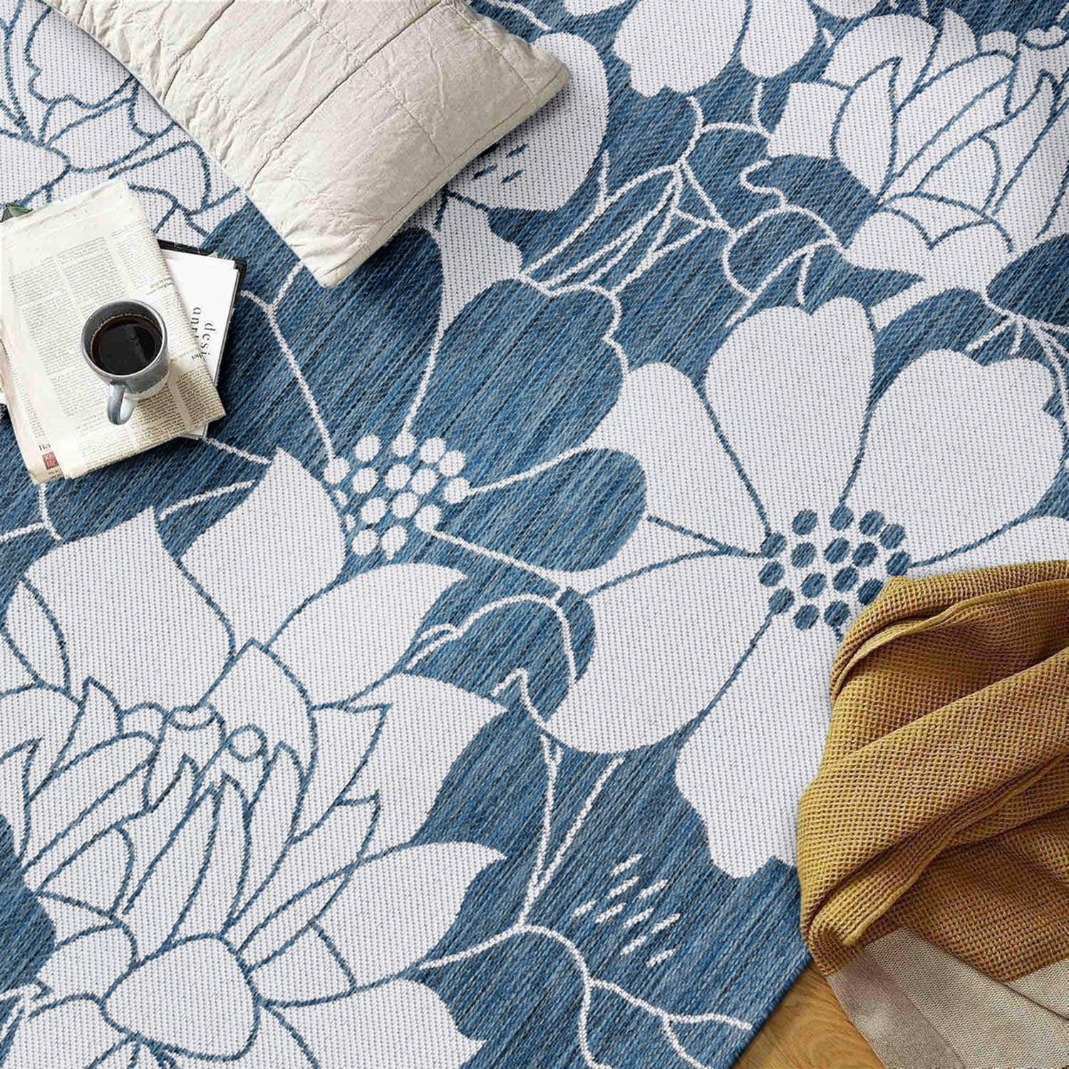 World Rug Gallery Modern Floral Flowers Textured Flat Weave Indoor/Outdoor Area Rug - NAVY 5' X 7'