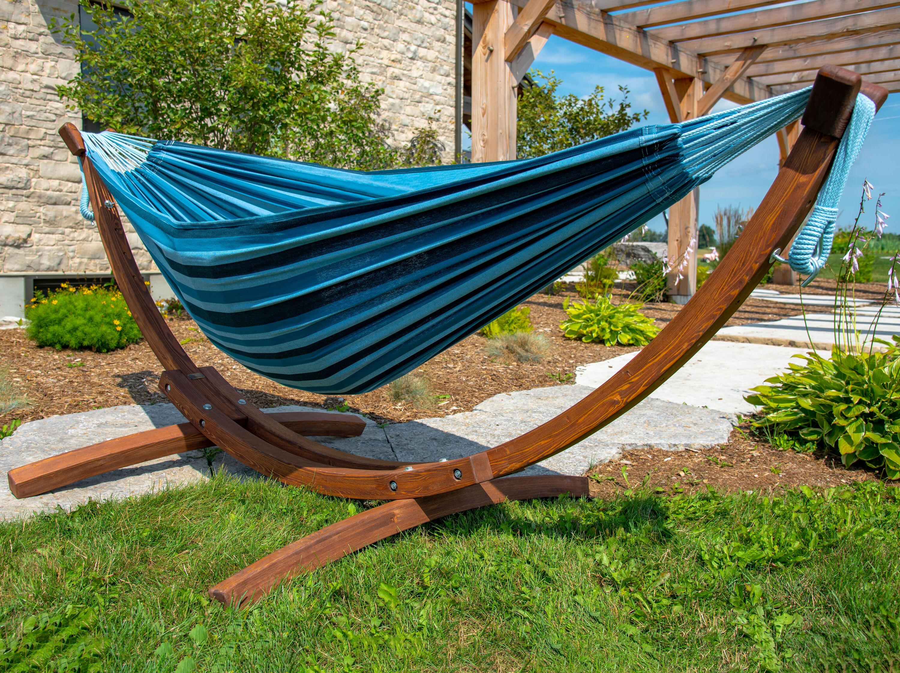 Vivere 8ft Double Cotton Hammock with Solid Pine Arc Stand - Blue Lagoon Color