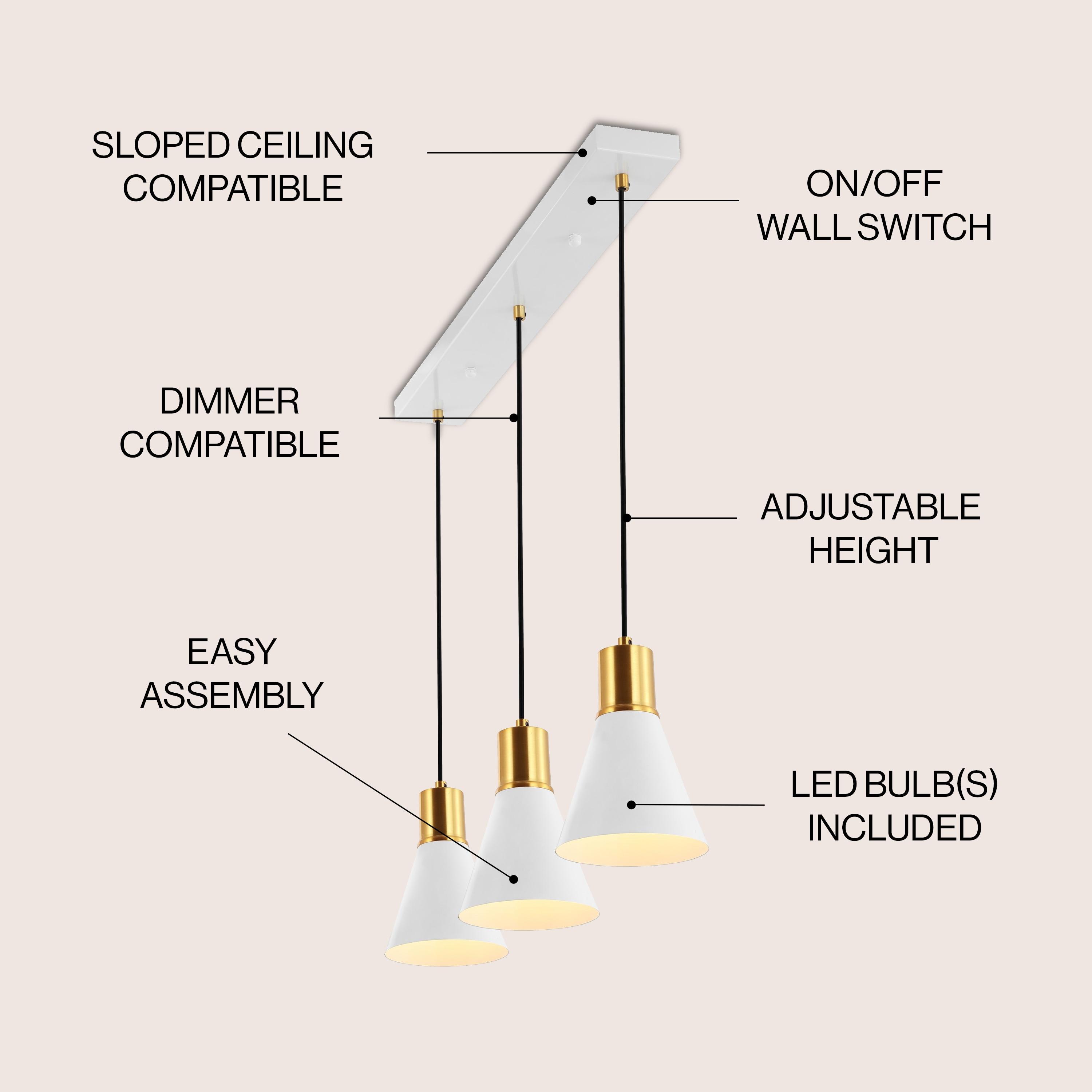 Apollo 33.5" 3-Light Mid-Century Modern Iron Adjustable Linear LED Pendant, White/Brass Gold