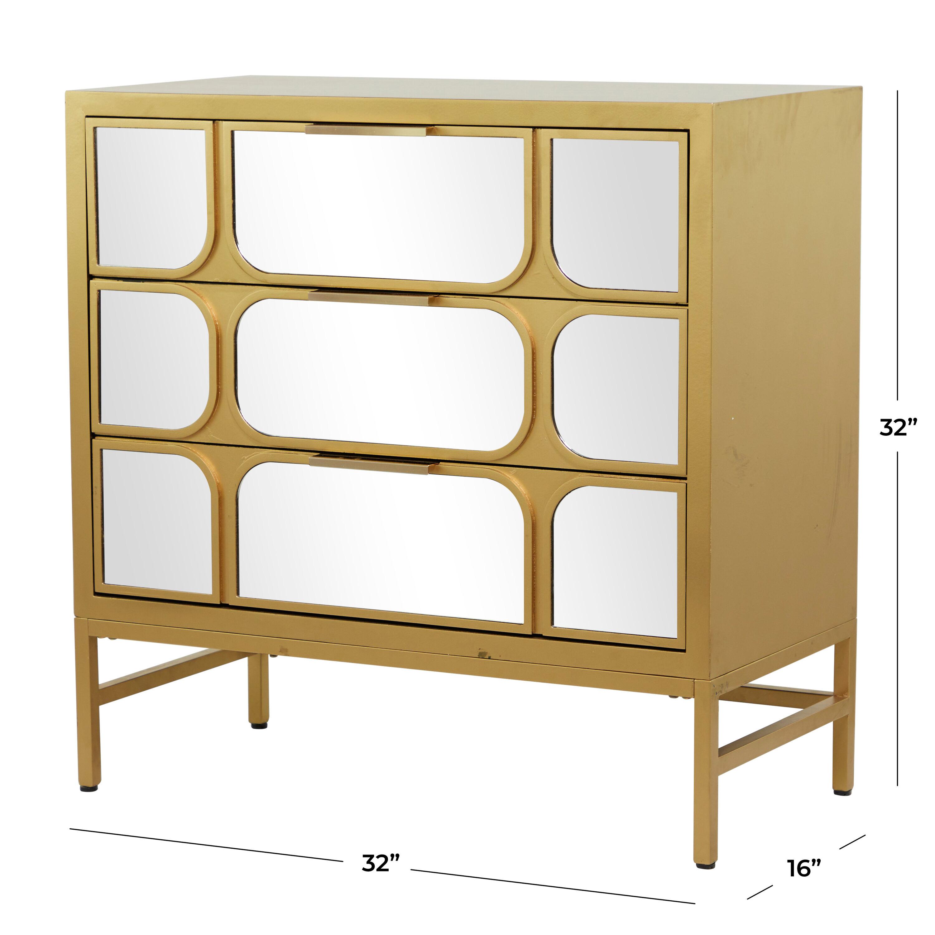 DecMode 32" x 32" Gold Wood 3 Drawer Cabinet with Mirrored Front, 1-Piece
