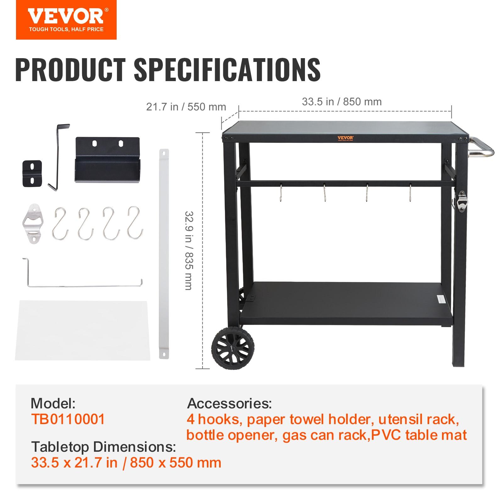 Outdoor Grill Dining Cart with Double-Shelf, BBQ Movable Food Prep Table, Multifunctional Iron Table Top, Portable Modular Carts for Pizza Oven, Worktable with 2 Wheels, Carry Handle, Black