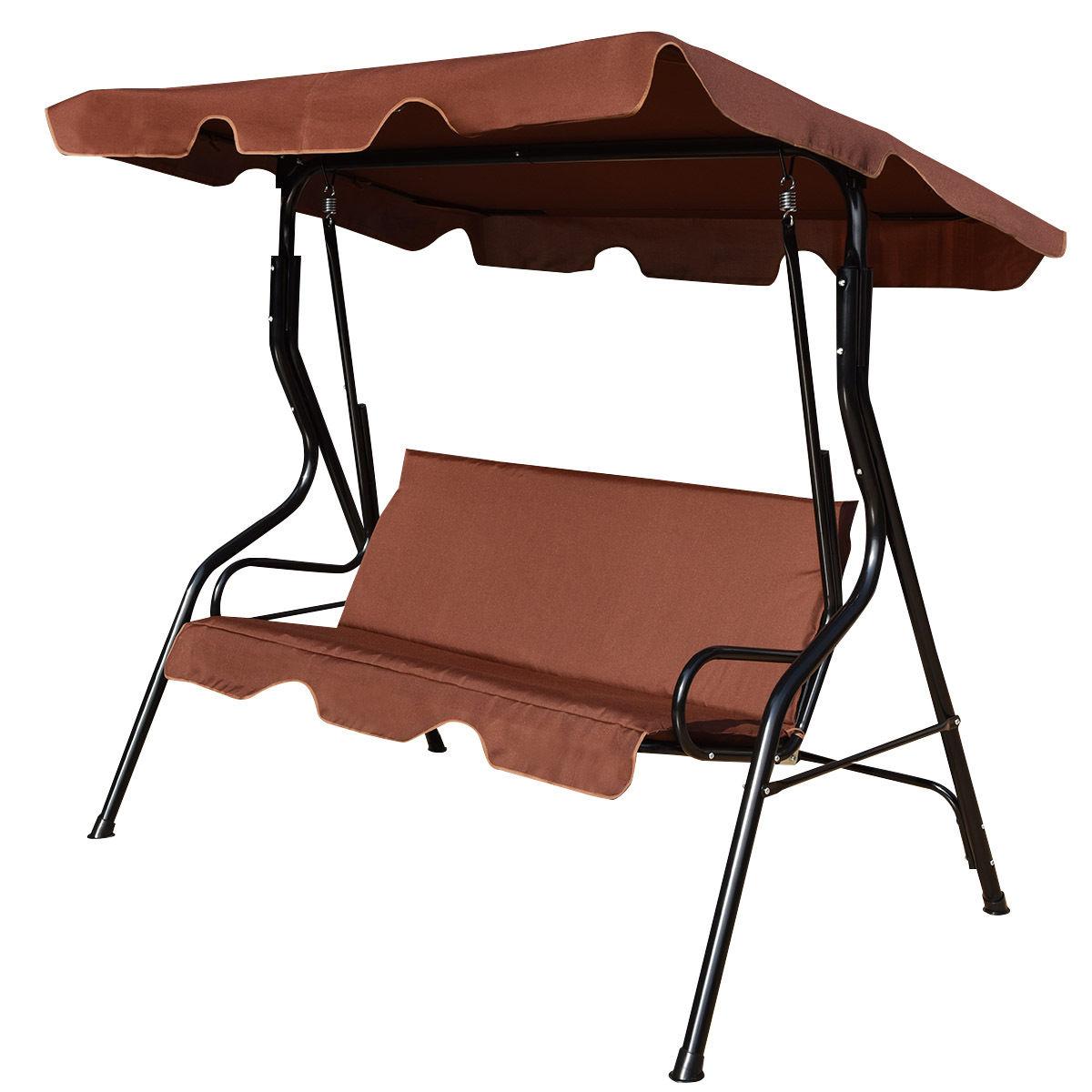 GVN 3 Seats Patio Canopy Swing-Brown, Porch Swing Hanging Bench, Outdoor Swing Bench for Patio, Yard, Garden
