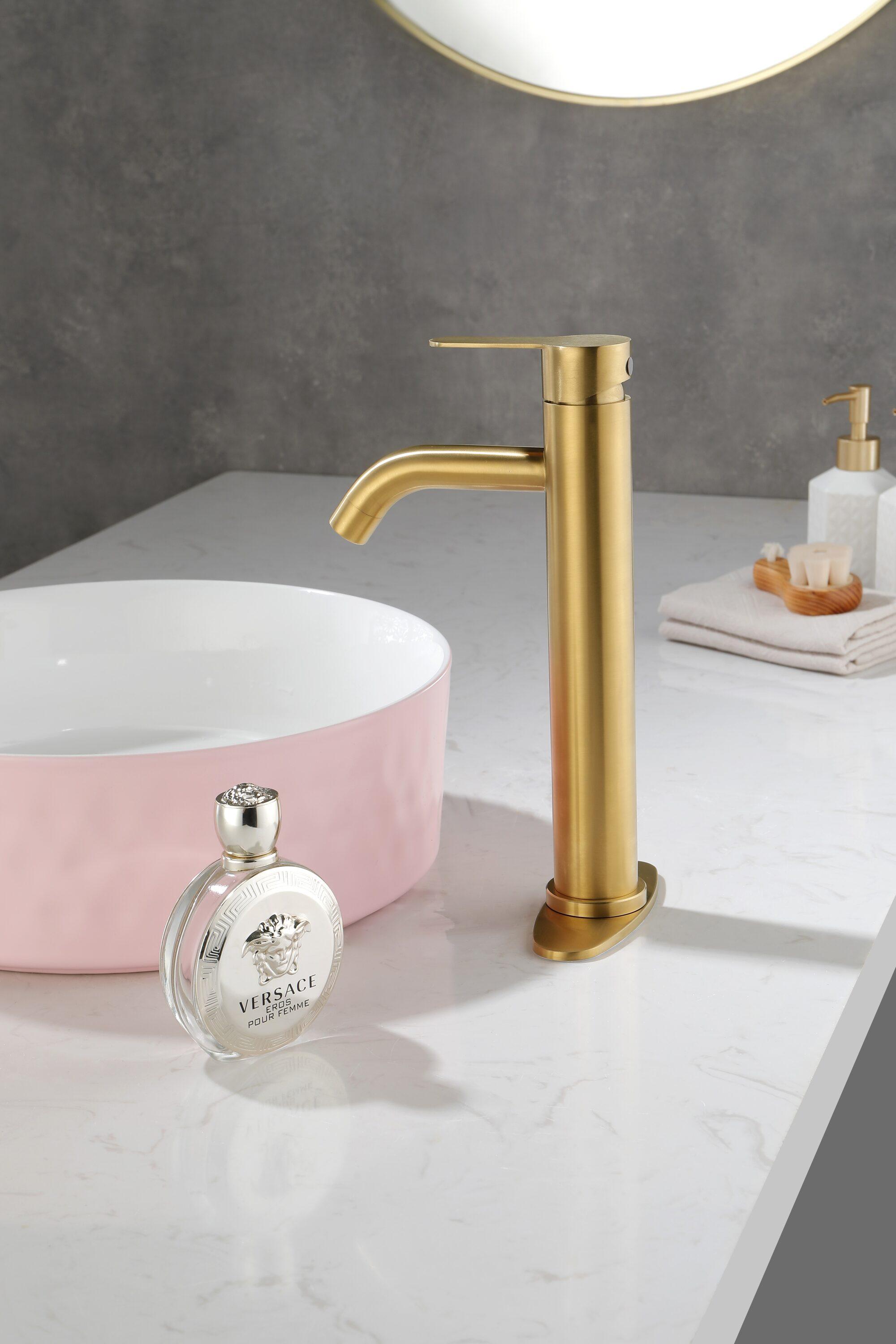 Gold Bathroom Faucets | Waterfall Single Hole Bathroom Sink Faucet with Deck Plate, 1 Hole Or 3 Hole for 4 Inch Brushed Gold Vanity Faucet with Pop-Up Drain Single Handle Lavatory Faucet