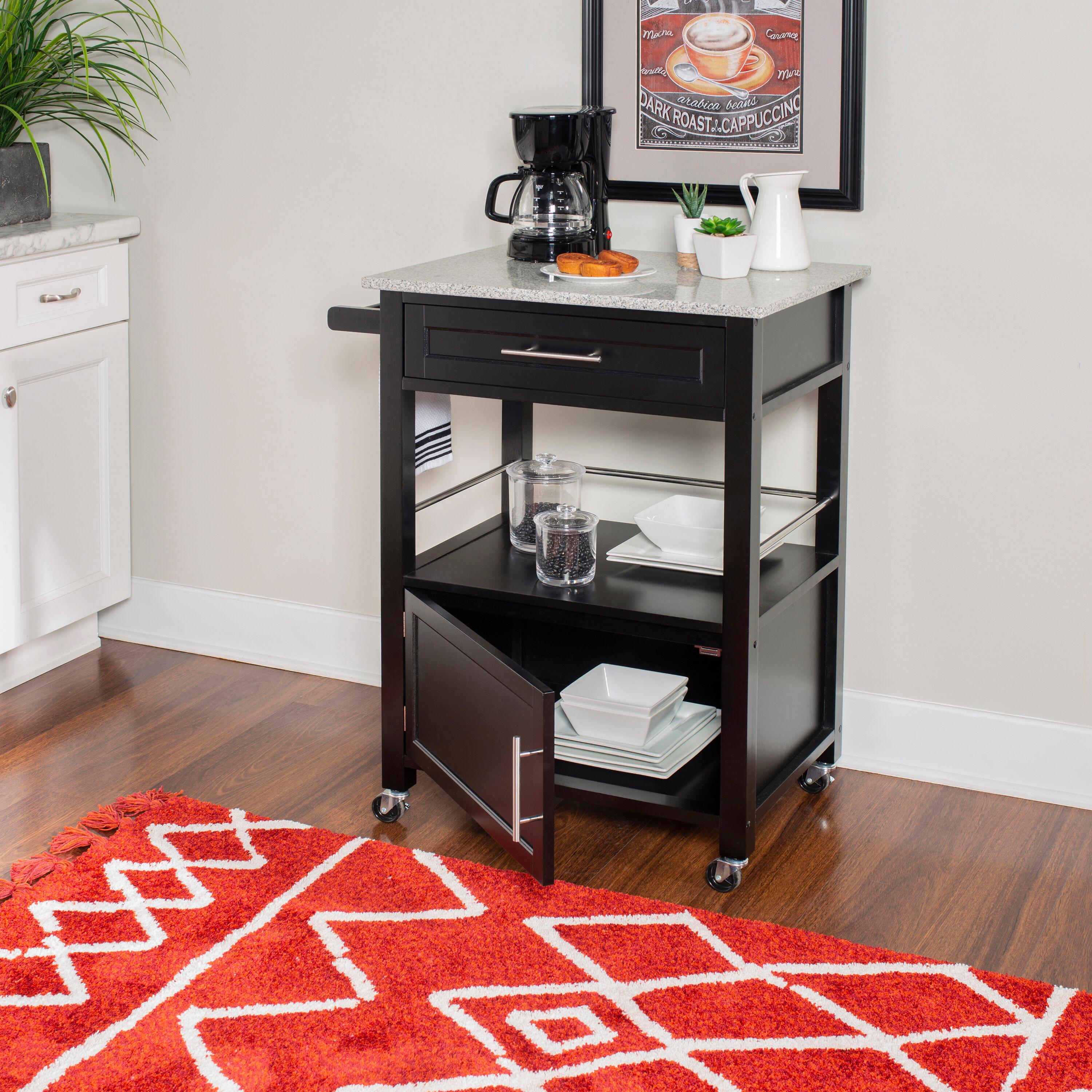 Mitchell Black Wood Granite Top Kitchen Cart: Storage, Towel Bar, Locking Casters - Linon