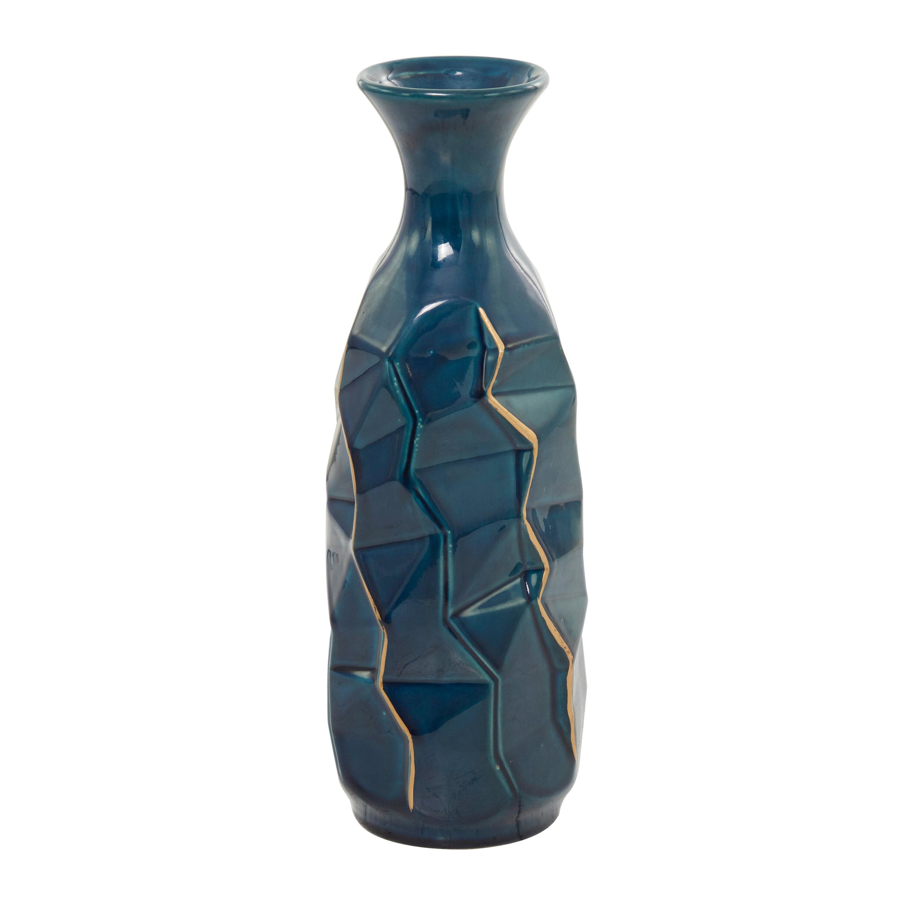 DecMode Blue Ceramic Modern and Coastal Vase 5"W x 15"H, featuring Minimalist Design with clean Lines and Angular Structures