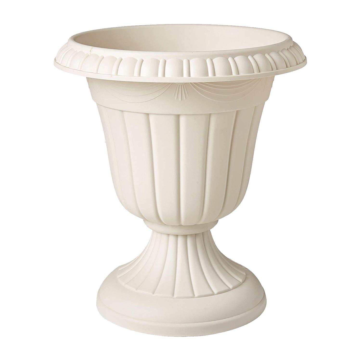 Classic Beige Traditional Plastic Urn Planter, 18" Height for Outdoor Spaces