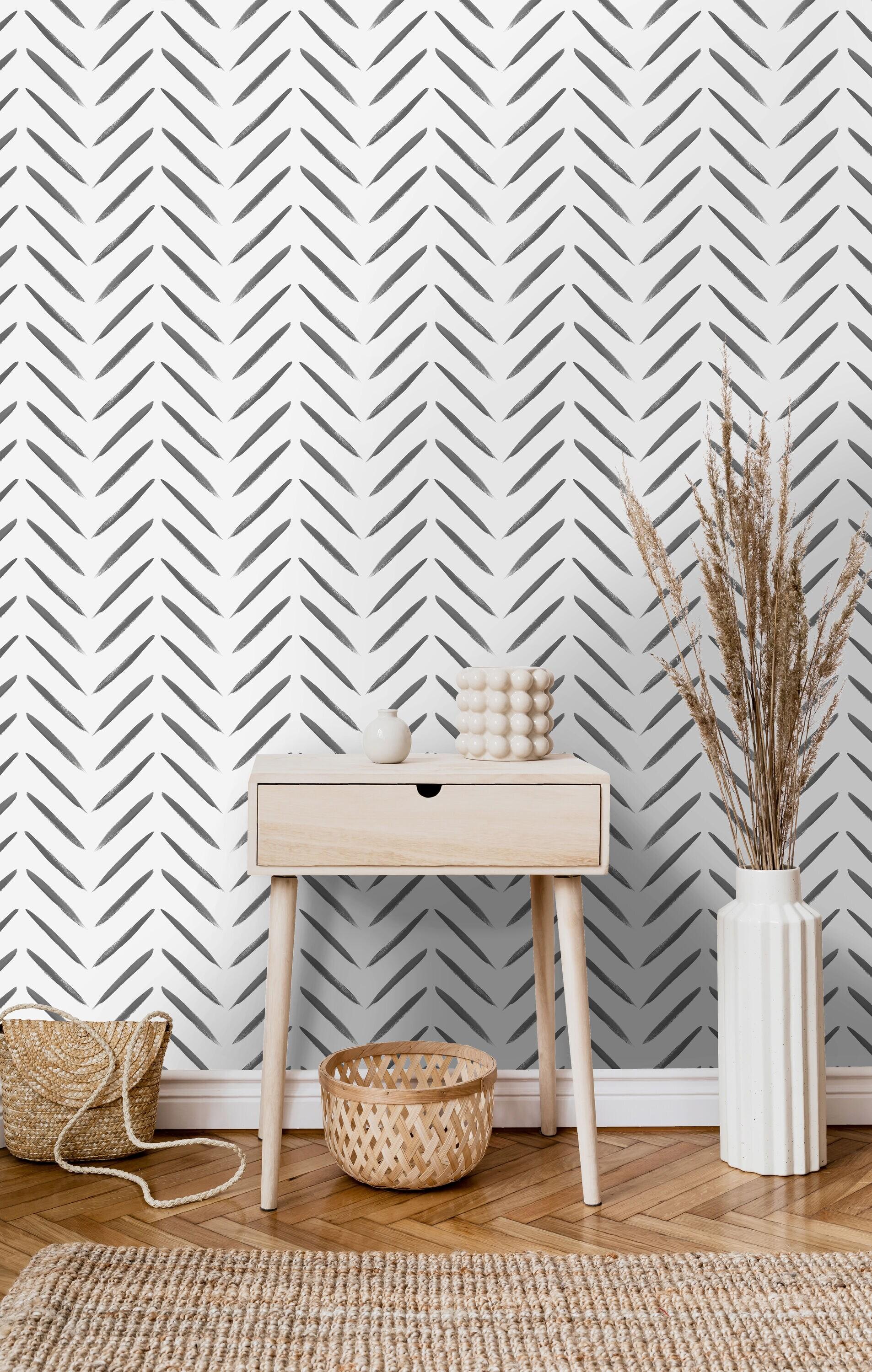 Holden Chevron Brush Marks Black and White Wallpaper: Modern Non-Pasted Paper, Classic Pattern, Washable, 33ft x 20.8in