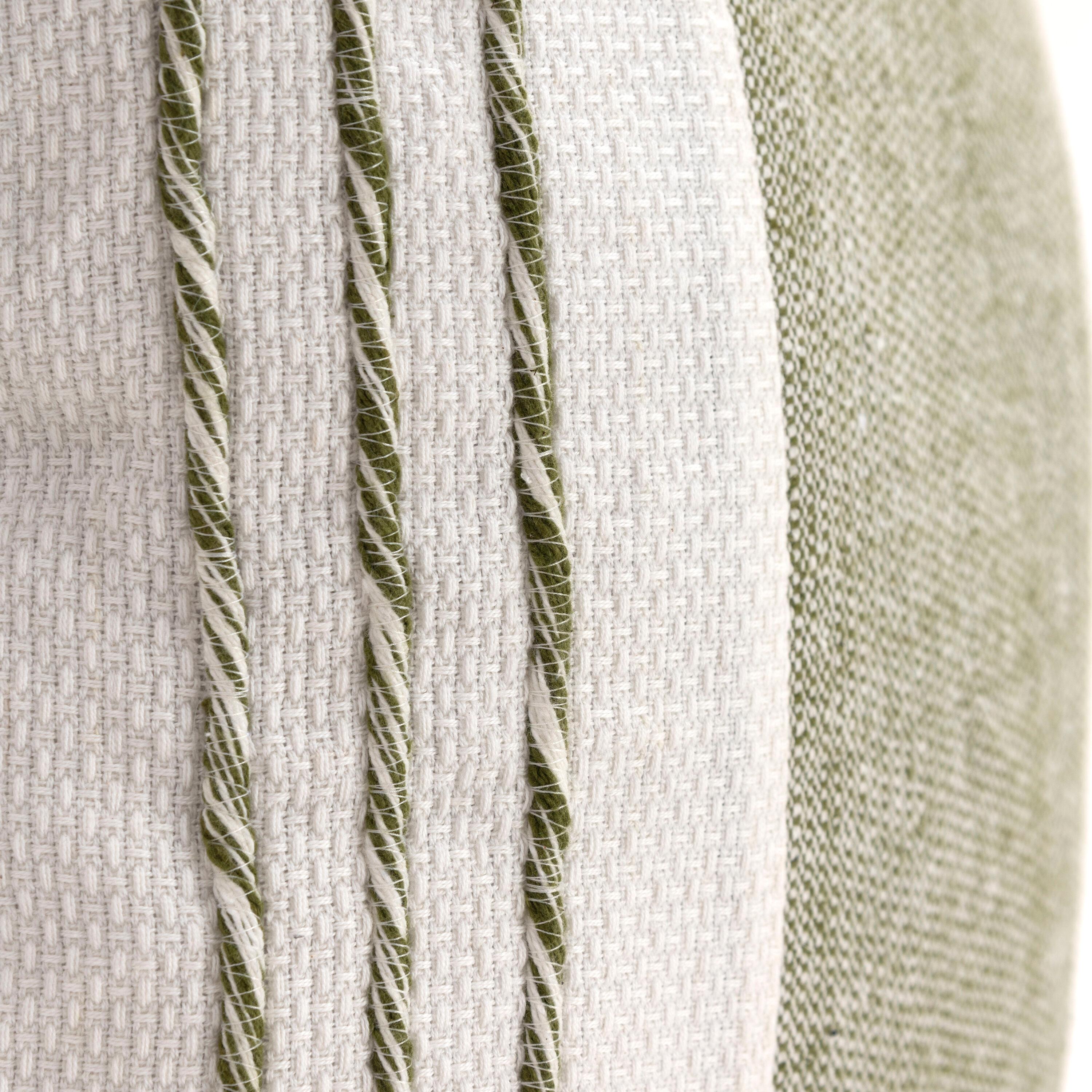 Moss Green and White Cotton Square Decorative Pillow with Tassels