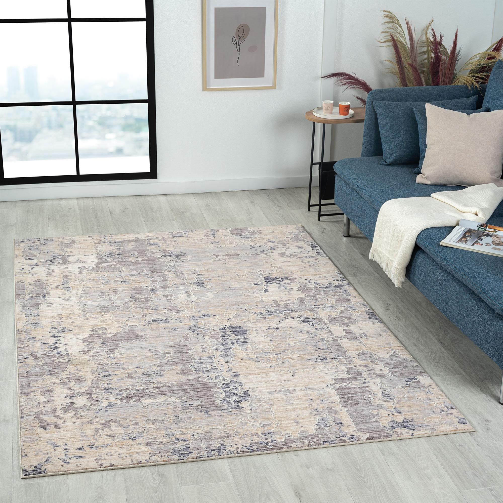 Gray and Blue Abstract Polyester Blend 4' x 6' Area Rug