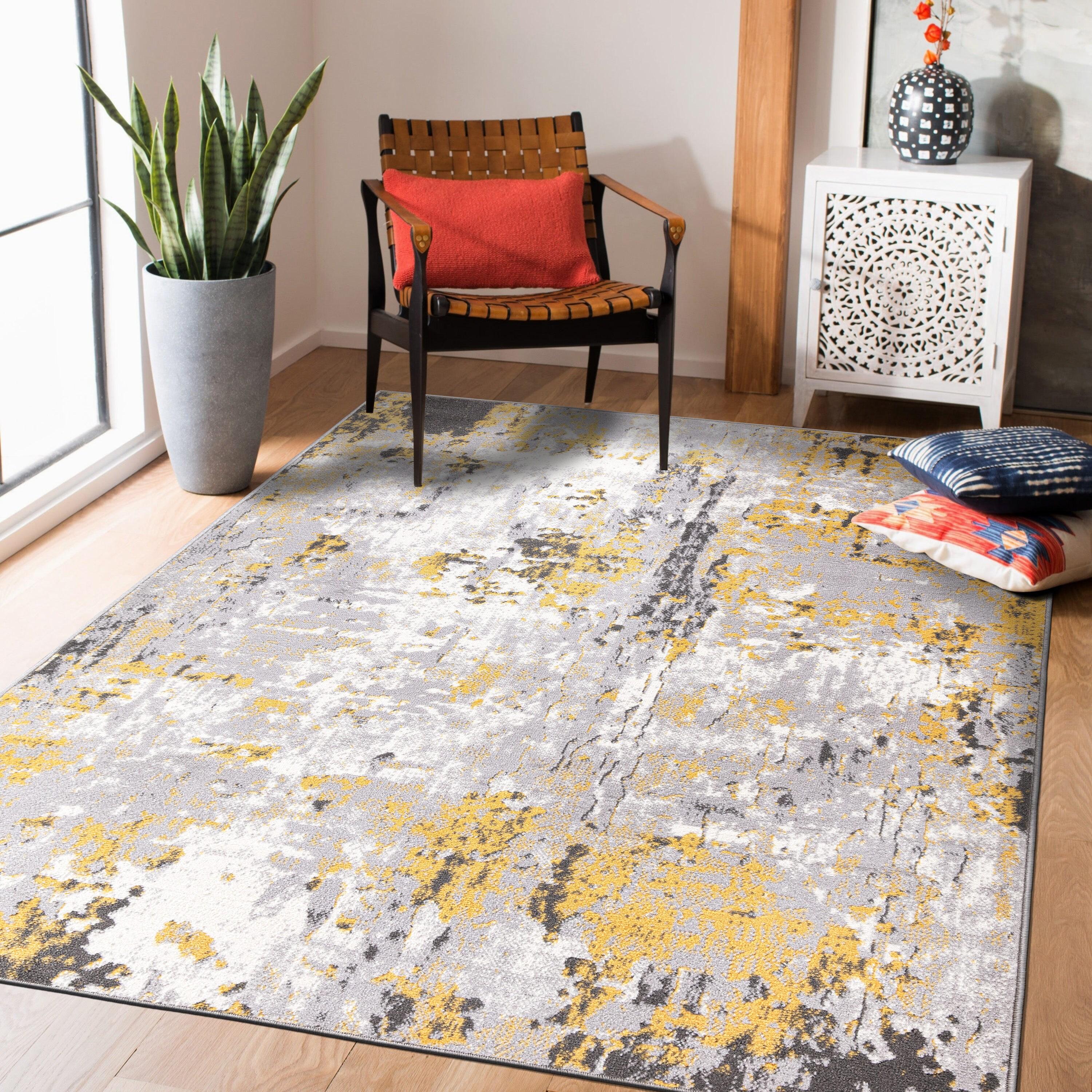 World Rug Gallery Distressed Modern Abstract Area Rug - Yellow 5' x 7'