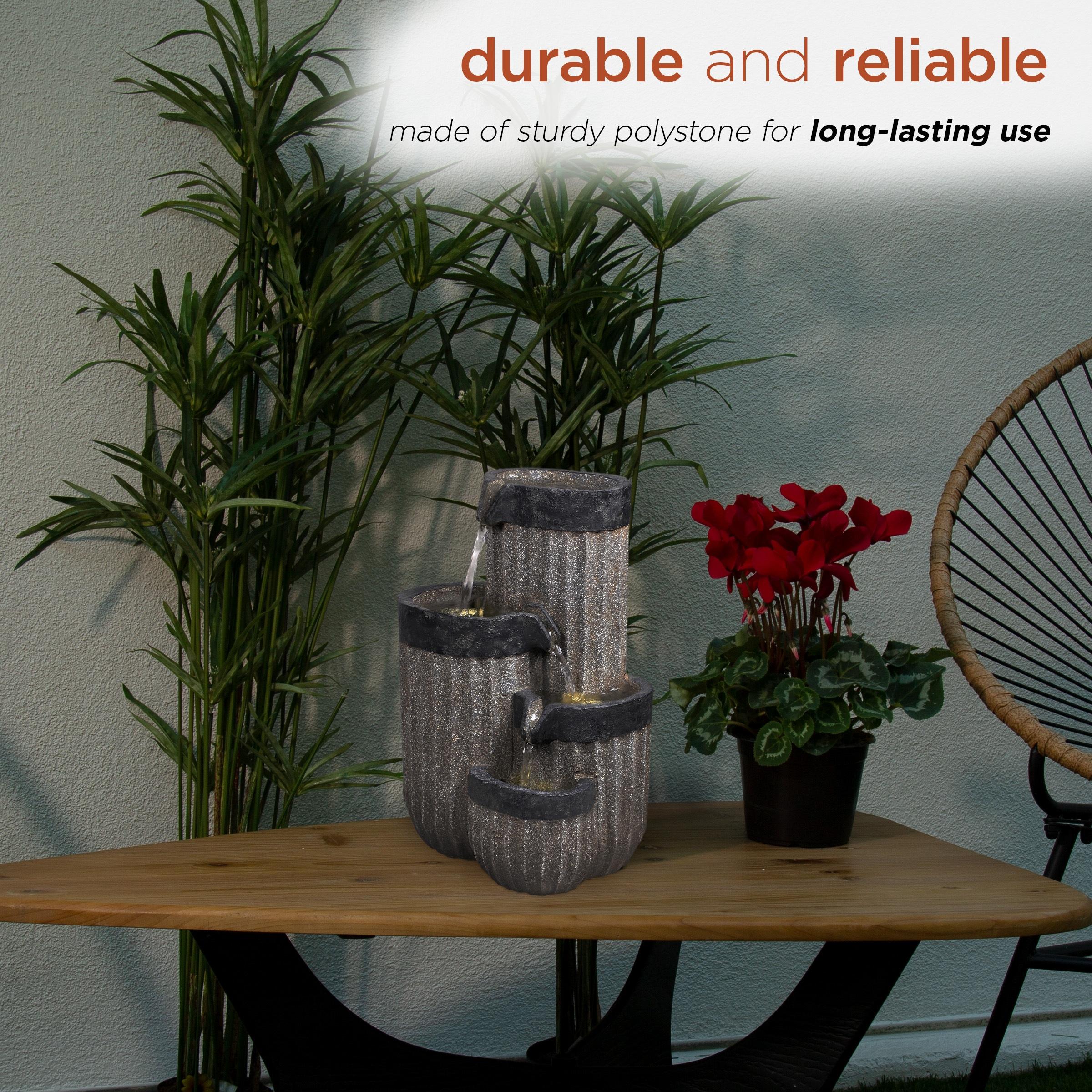 14" Resin Cascading Pillar Tabletop Fountain with LED Lights Gray - Alpine Corporation: Durable, Weatherproof Design, No Assembly Required