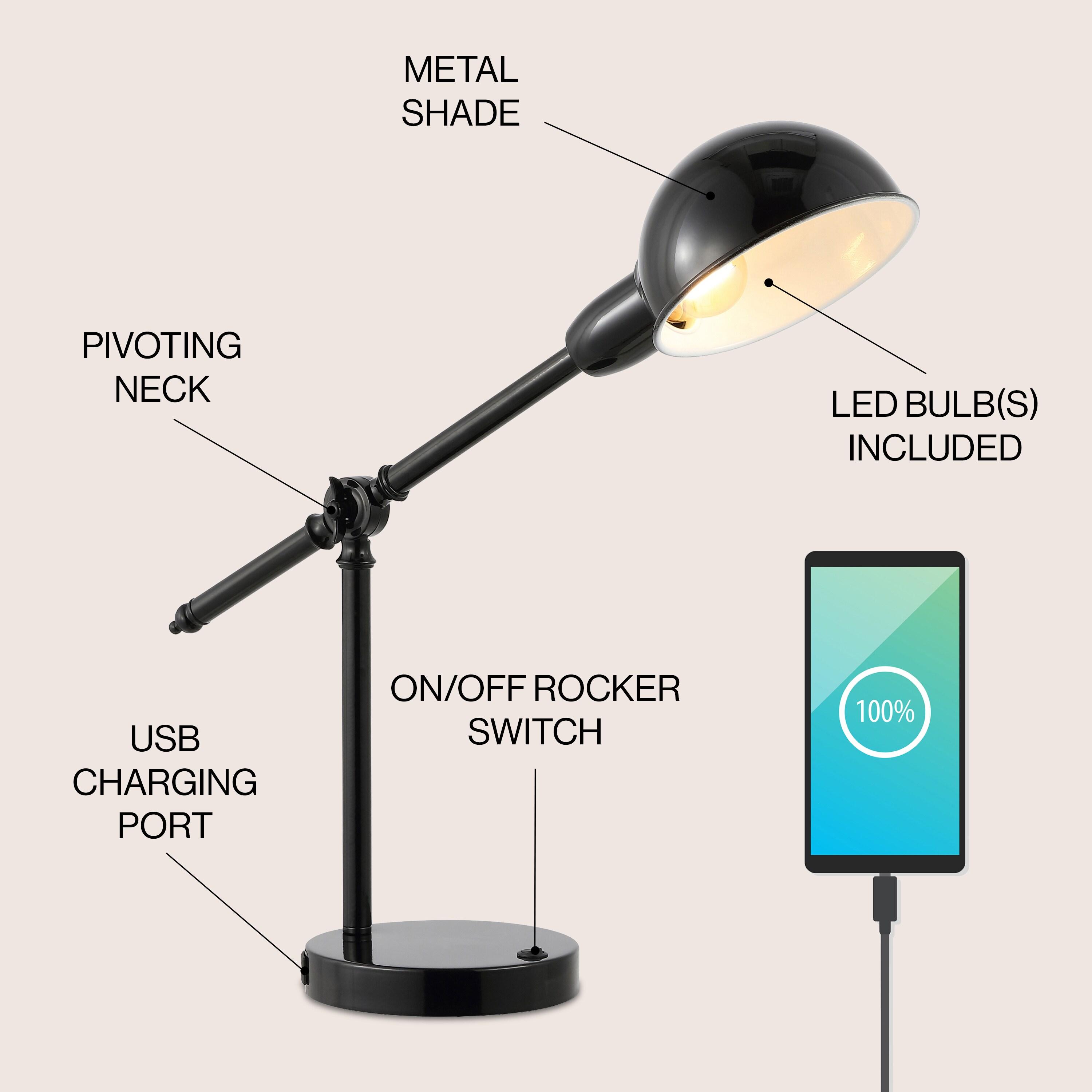 JONATHAN Y JYL7123A Curtis 20.25" Vintage Industrial Iron Adjustable Dome Shade LED Task Lamp with USB Charging Port, Classic, Coastal for living room, dinning room, bedroom Bulb Included, Black
