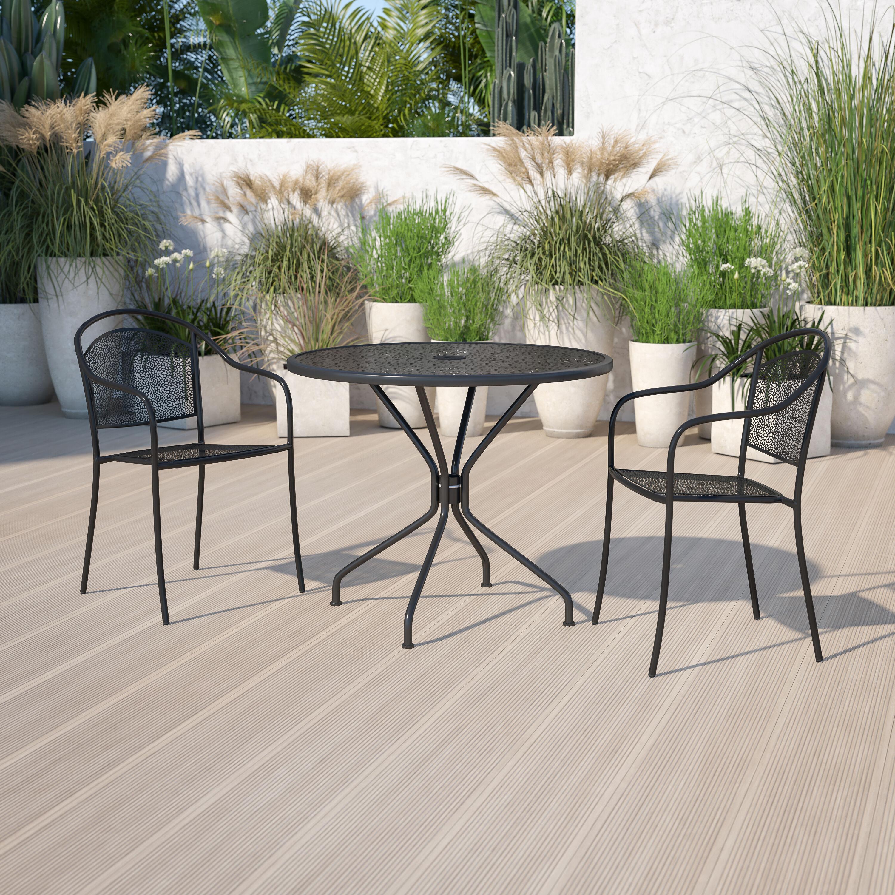 Flash Furniture Oia Commercial Grade 35.25" Round Black Indoor-Outdoor Steel Patio Table with Umbrella Hole