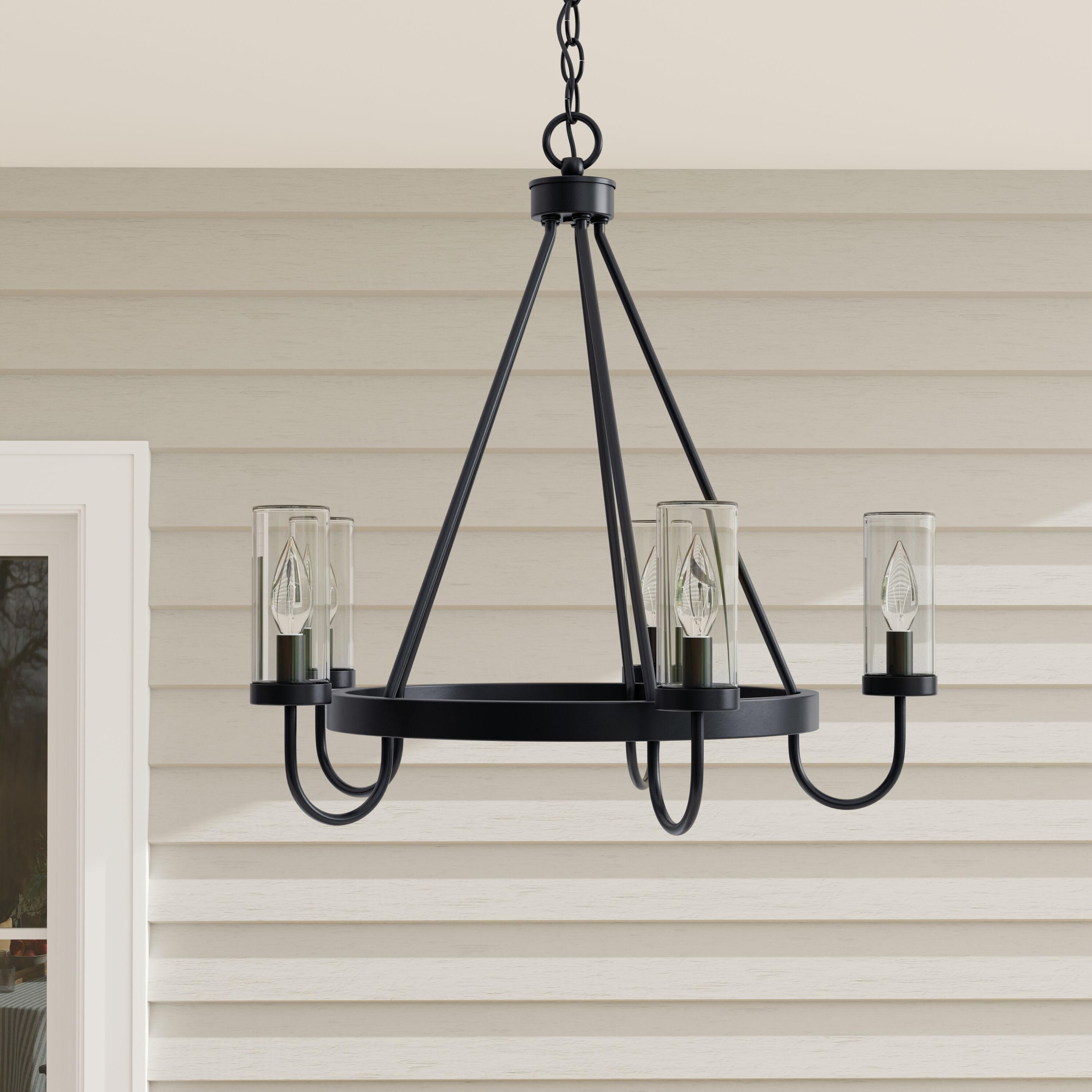 Progress Lighting Swansea 5-Light Outdoor Living Round Chandelier, Matte Black, Clear Glass