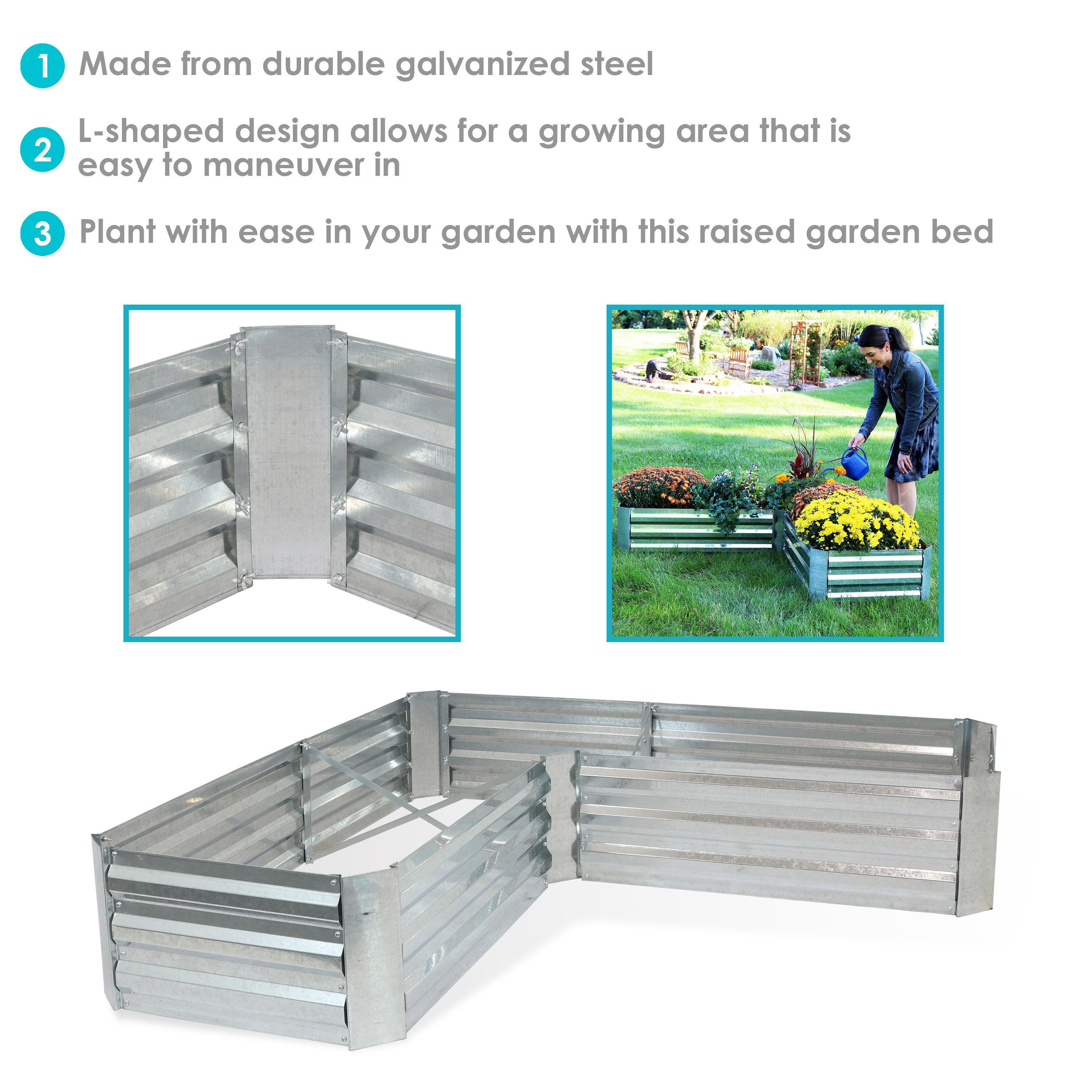 Sunnydaze Outdoor Galvanized Steel L-Shaped Raised Garden Bed for Plants, Vegetables, and Flowers - 59.5" - Silver