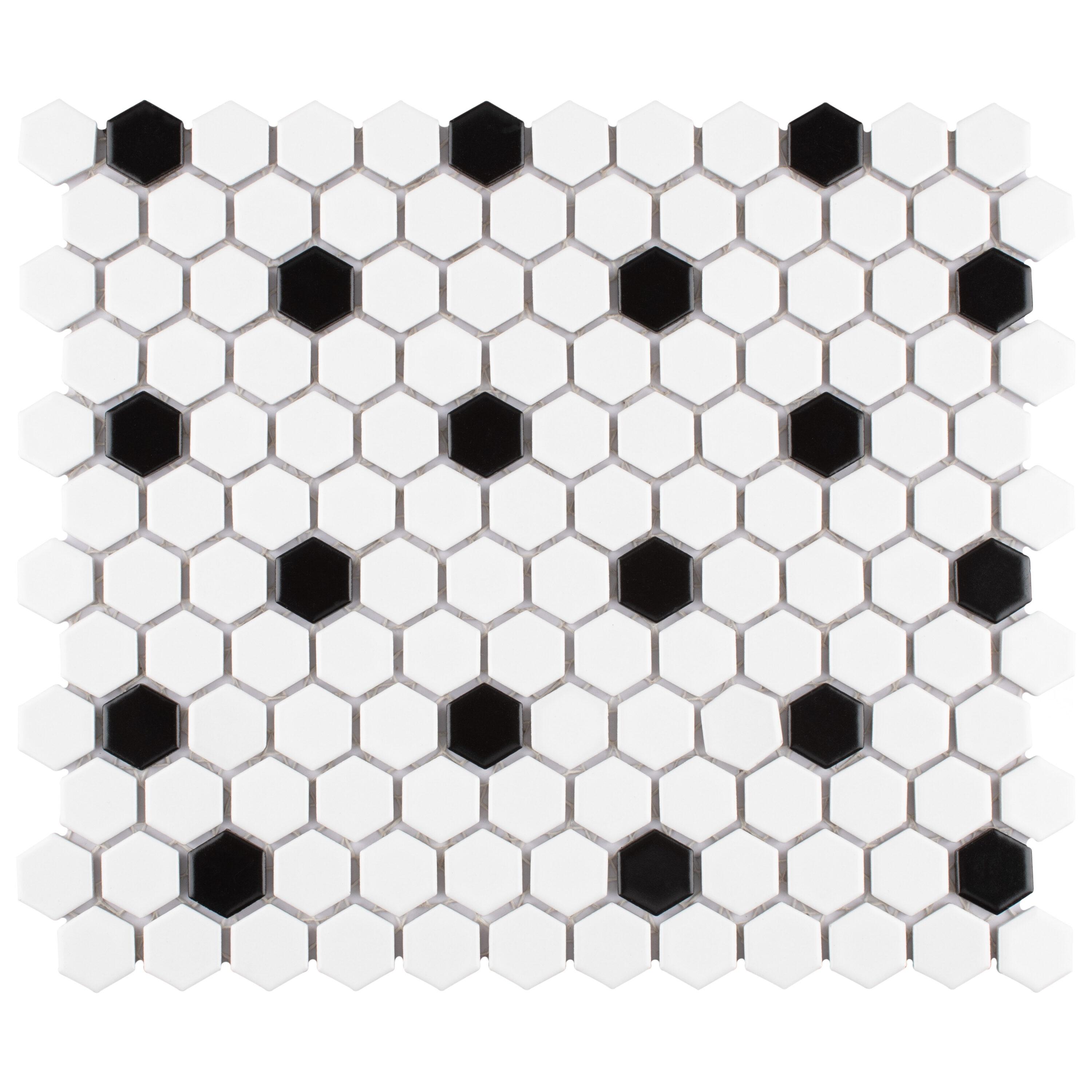 Madison 1" Hex Matte Cool White with Black Dot 10-1/4" x 11-7/8" Porcelain Mosaic Tile