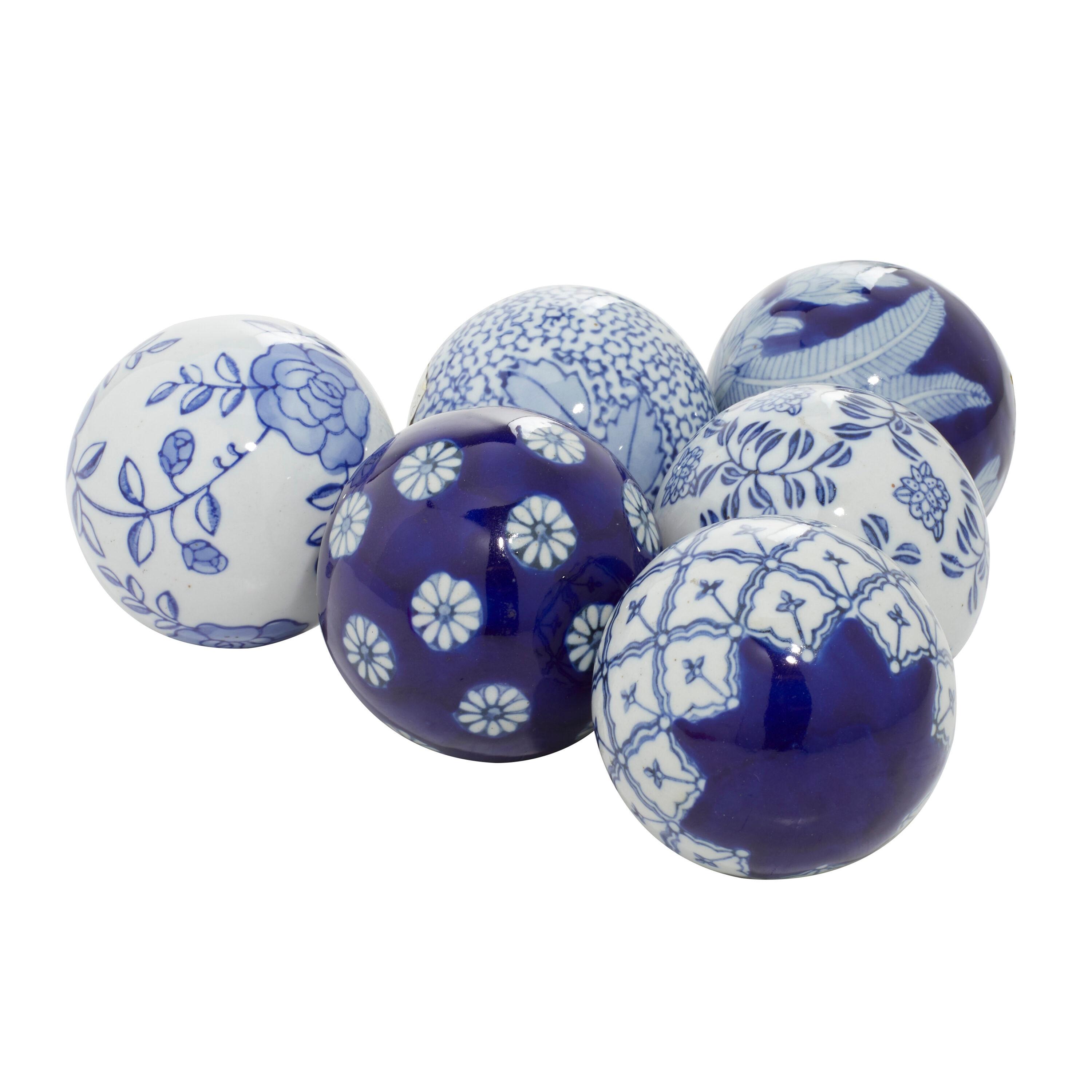 DecMode Blue 3" Floral Handmade Glossy Ceramic Orbs & Vase Filler with Varying Patterns (6 Count)