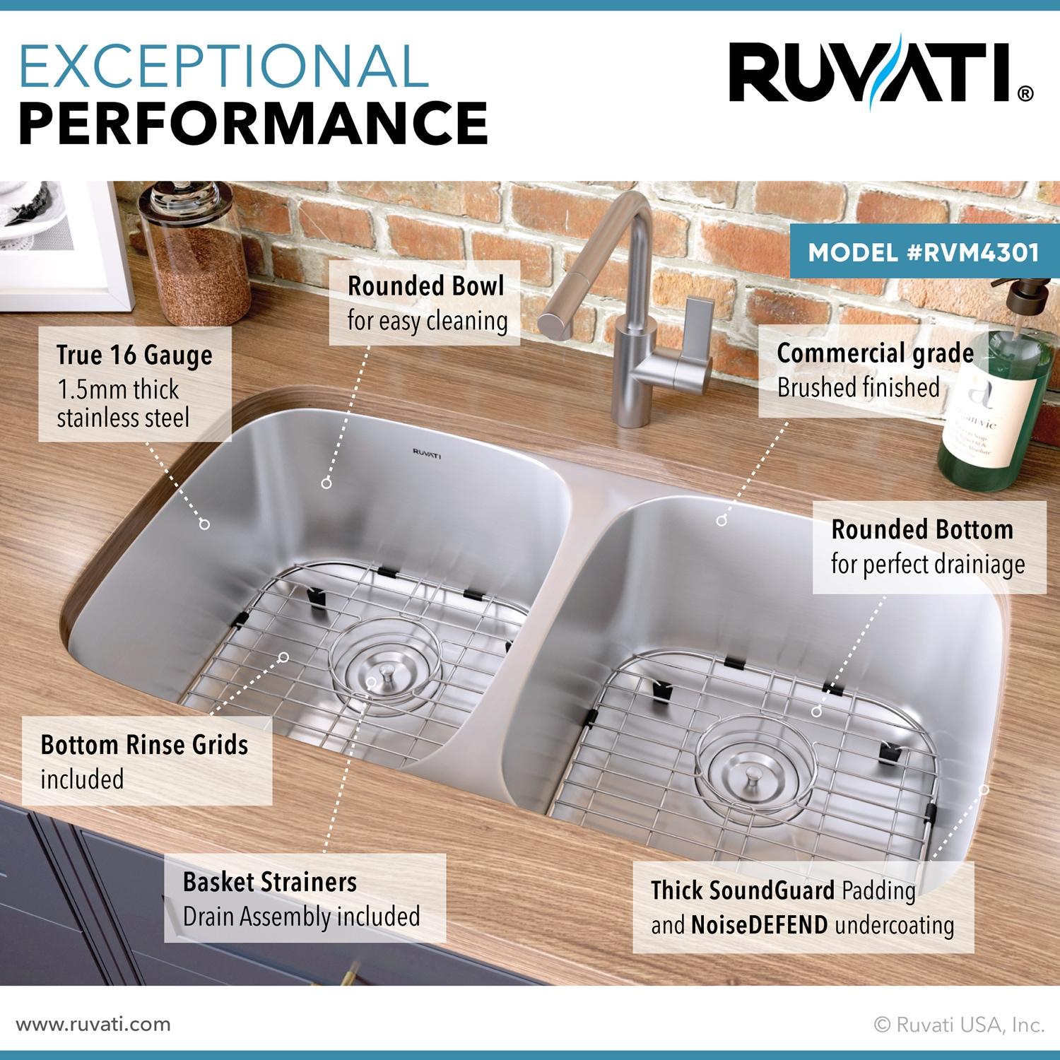 Ruvati 29-inch Undermount 50/50 Double Bowl 16 Gauge Stainless Steel Kitchen Sink