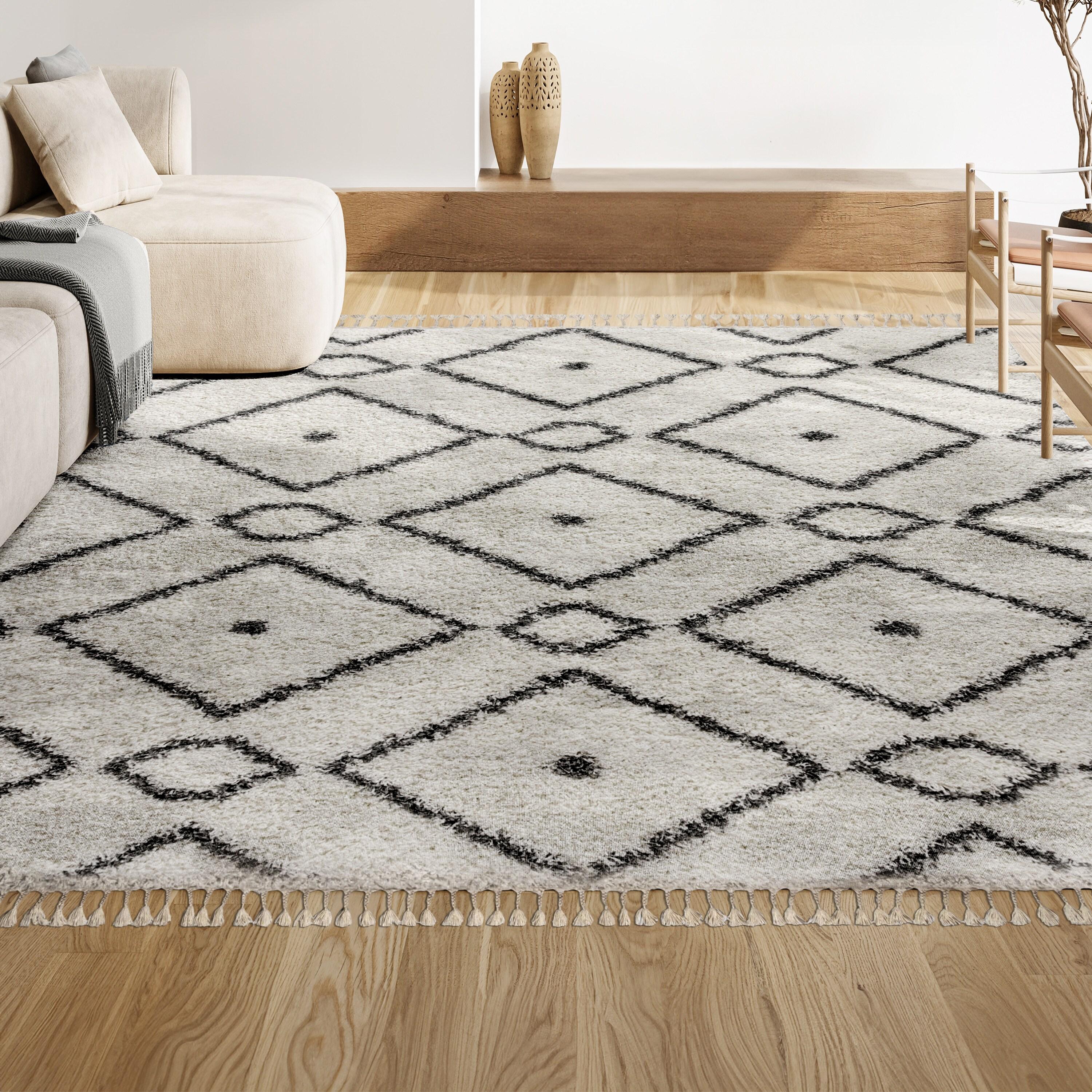 3'x5' Mercer Shag Plush Tassel Moroccan Diamond Area Rug, Cream/Grey - JONATHAN Y