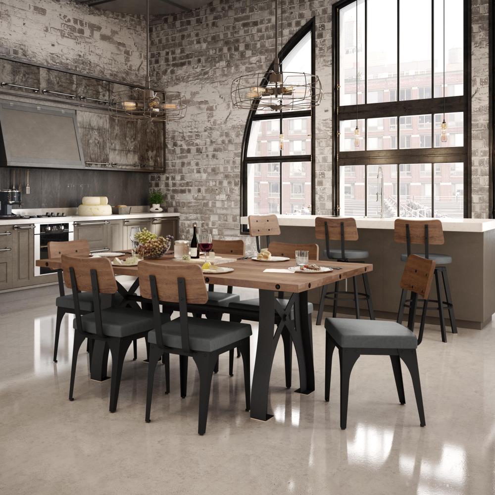 Amisco Symmetry Dining Chair - Grey Faux Leather / Light Brown Distressed Wood / Black Metal (Set of 2)