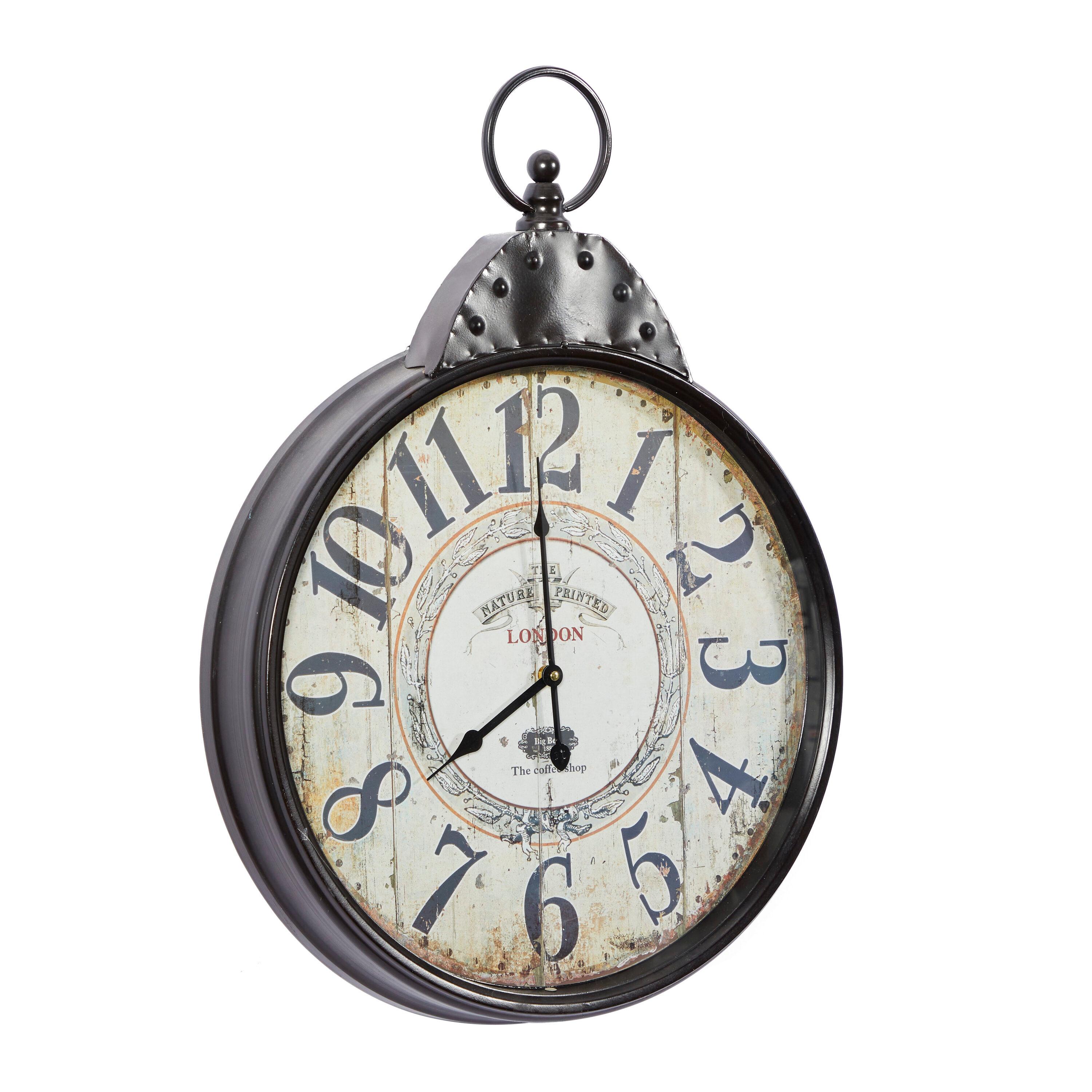 DecMode 20" Black Metal Finial Distressed Pocket Watch Inspired Wall Clock with Beige Clockface