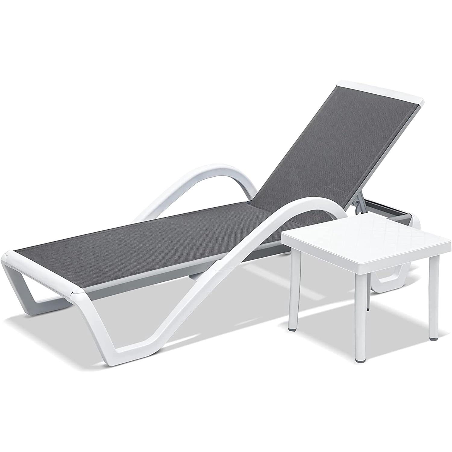 CoSoTower Patio Tumbona Sillones de Piscina de Aluminio Ajustables con Brazo Sillas de Piscina para Todo Clima para Exterior, Piscina, Césped (Gris, 1 Sillón+1 Mesa de Plástico)