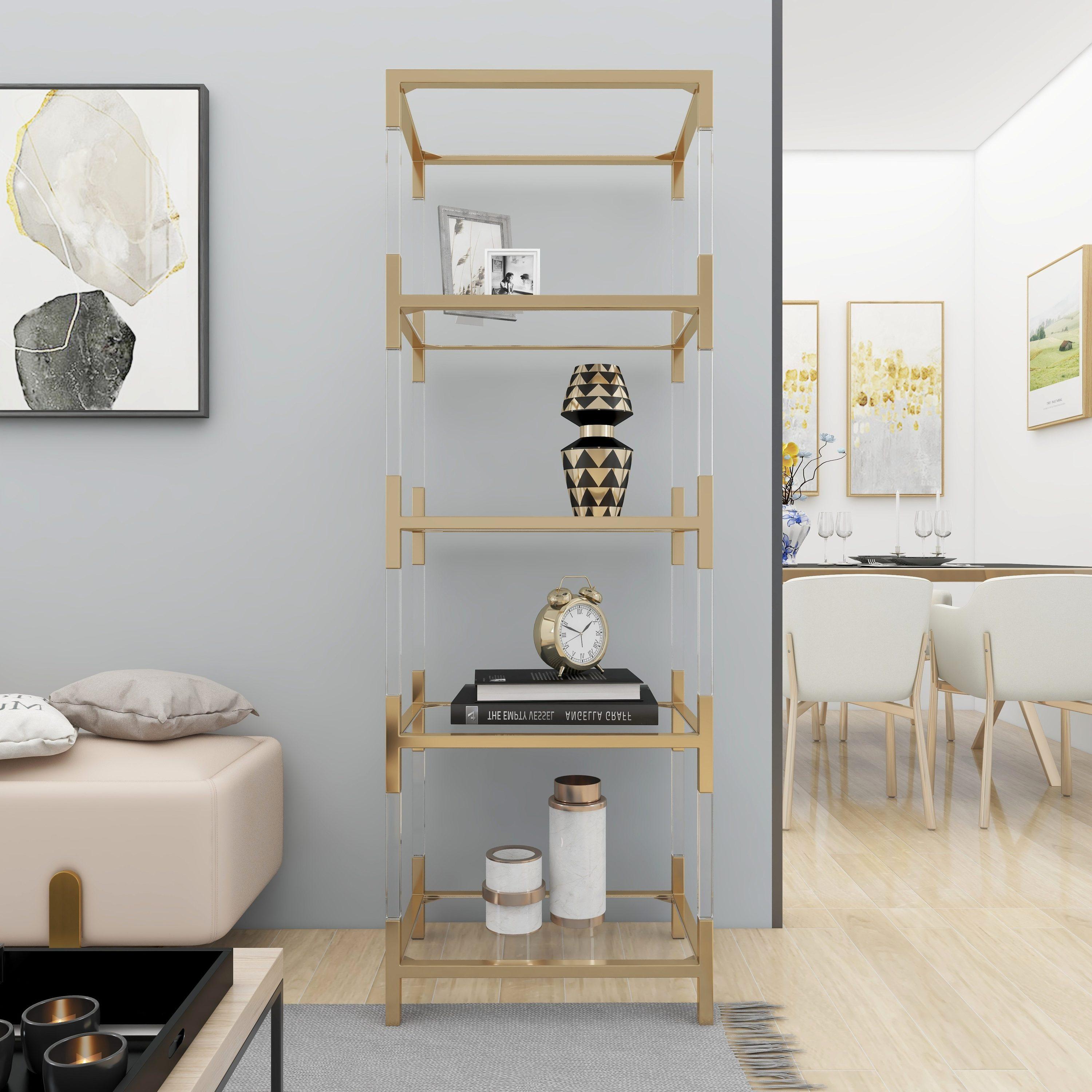 69" Metal and Acrylic Bookcase Gold - Olivia & May: No Assembly, 5 Fixed Shelves