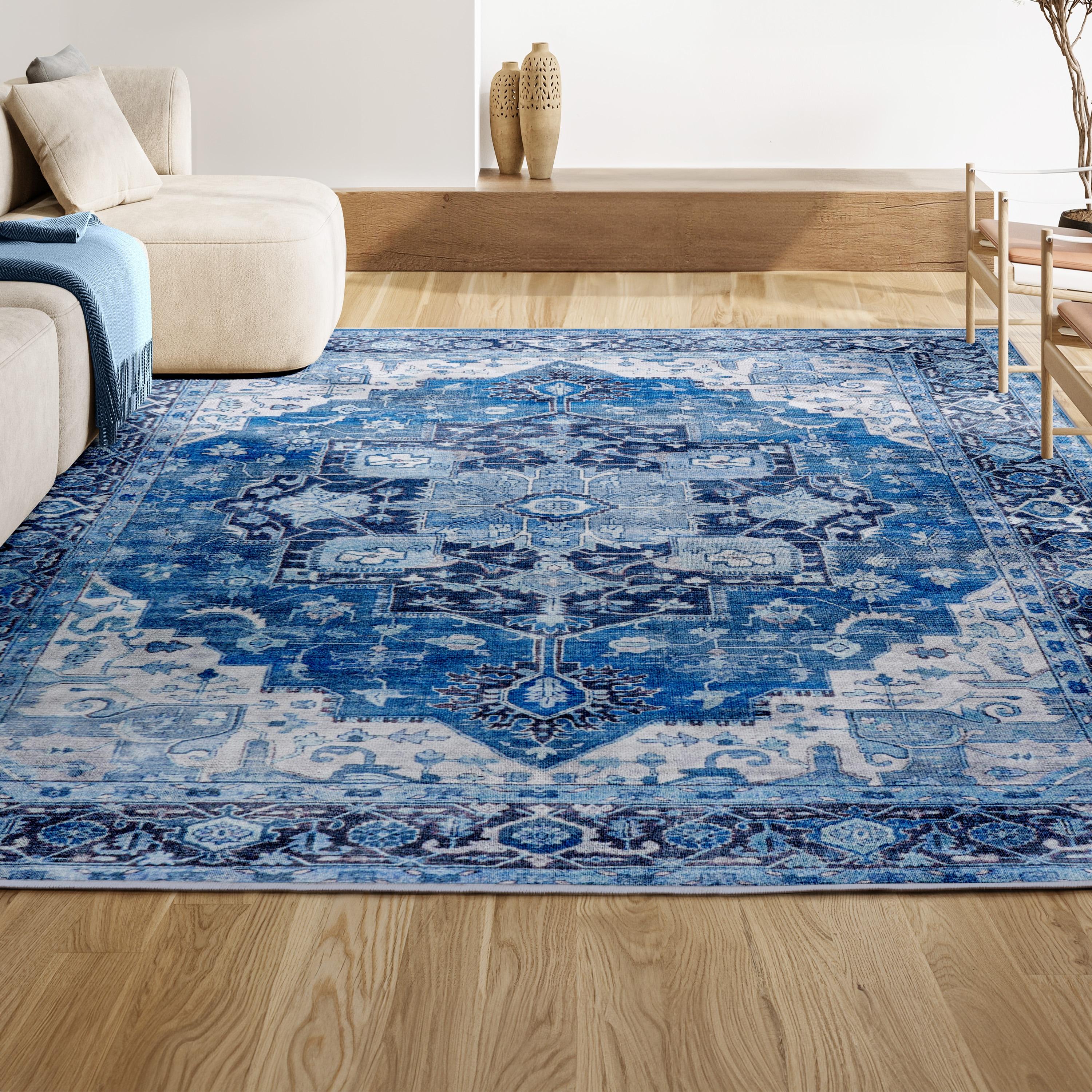 2' x 8' Maris Ornate Medallion Machine Washable Indoor/Outdoor Runner Rug, Blue/Navy - JONATHAN Y