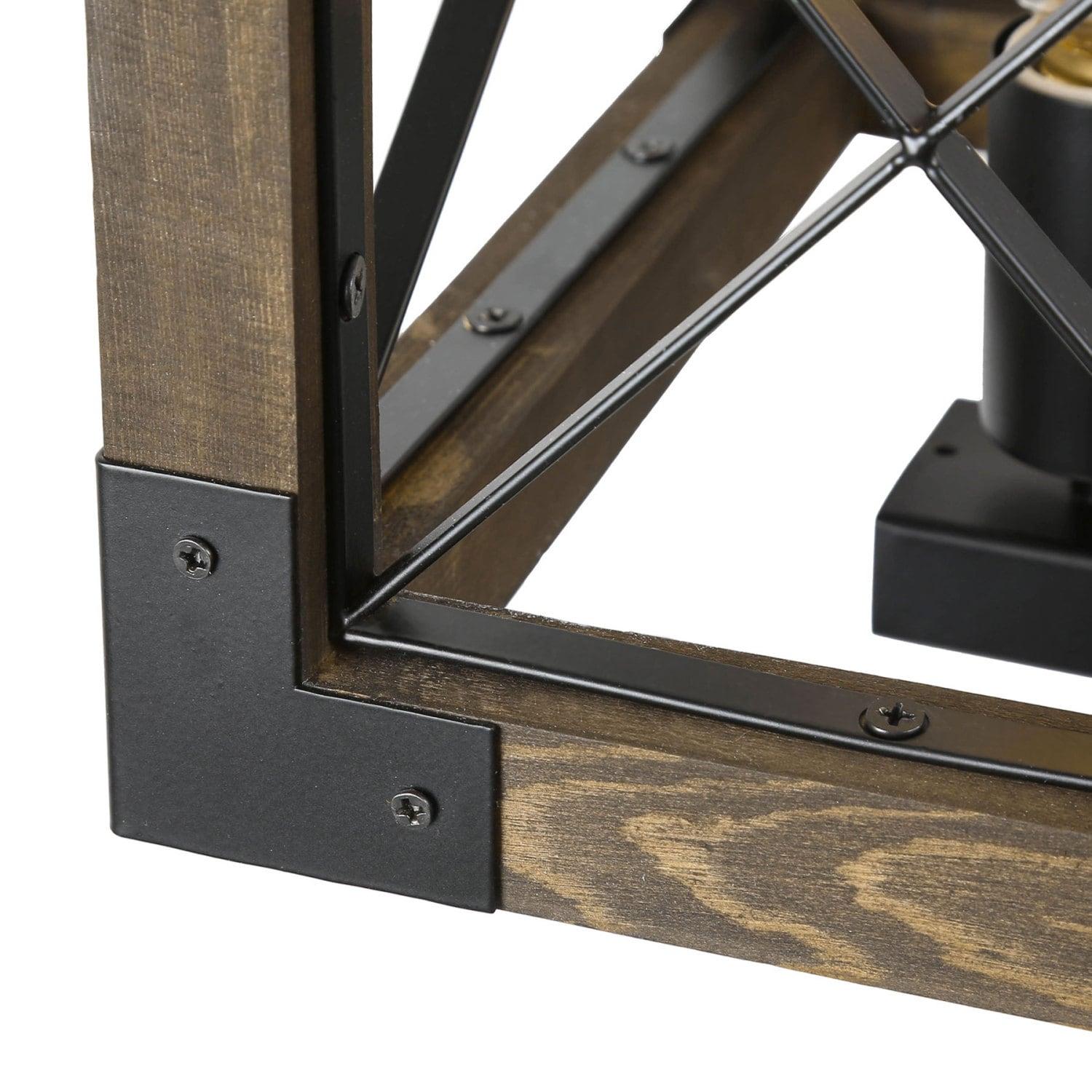 Farmhouse 5-Light Wood and Black Metal Chandelier, Rectangular Kitchen Island Light Fixture