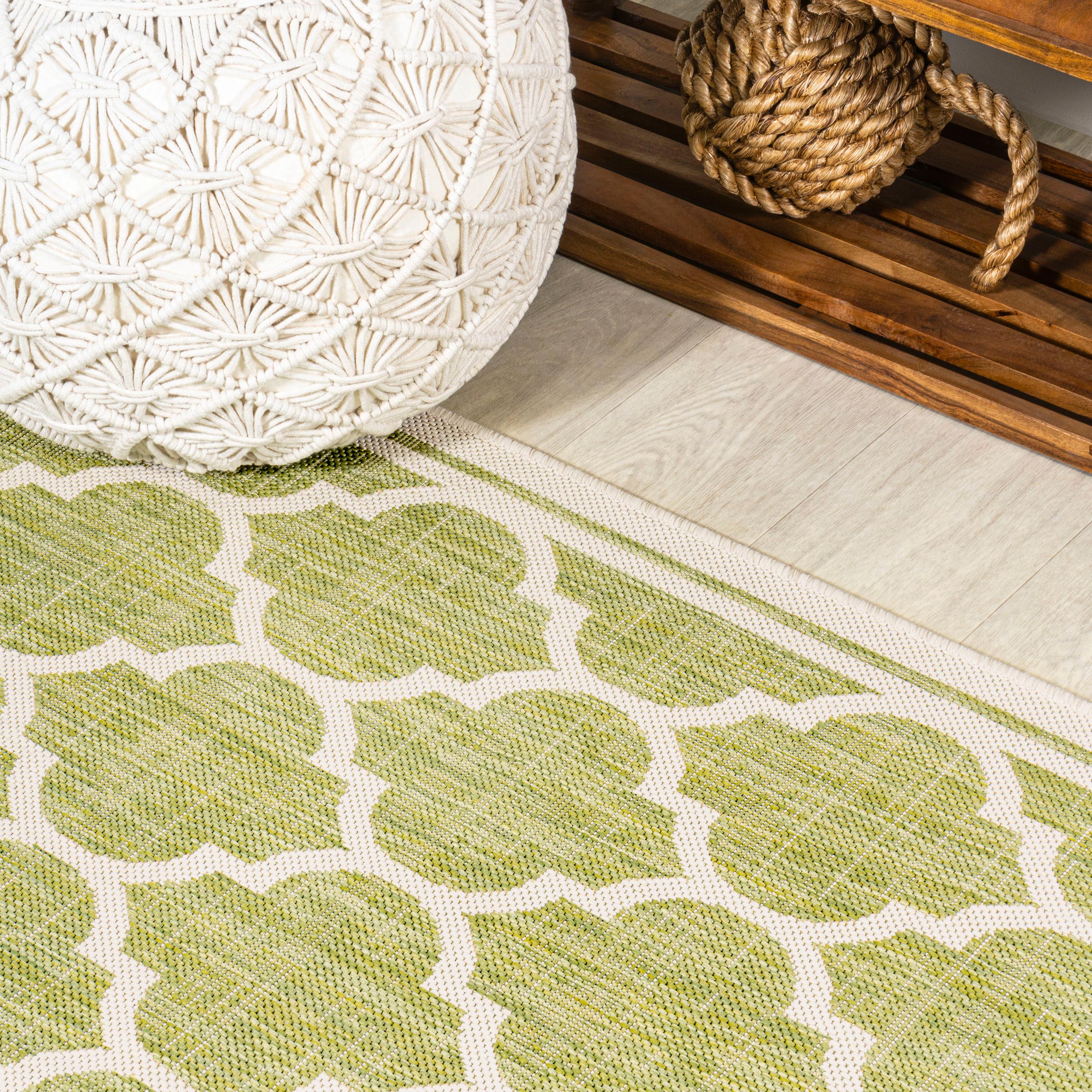 5' x 5' Trebol Moroccan Trellis Textured Weave Indoor/Outdoor Area Rug, Green/Cream - JONATHAN Y